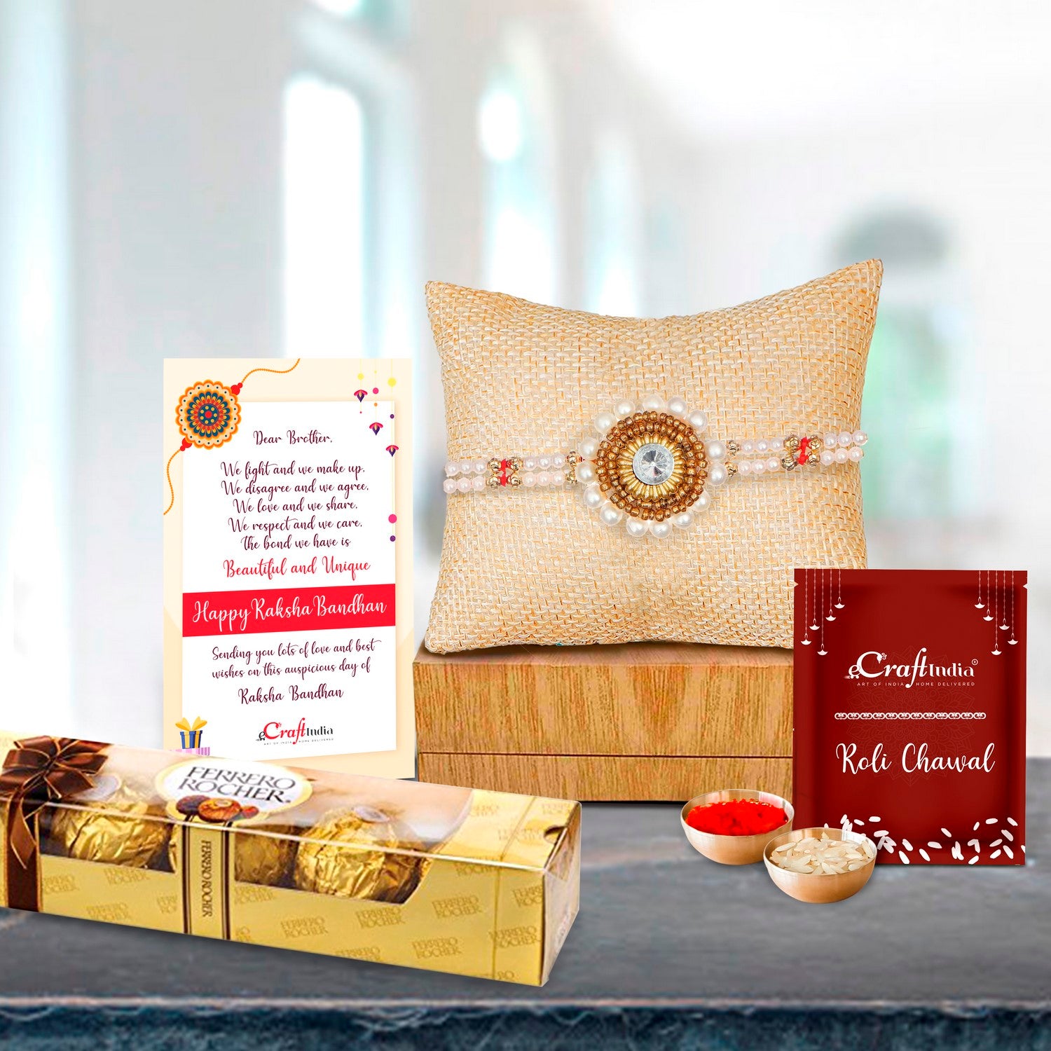Desginer Stone and Pearl Rakhi with Ferrero Rocher (4 pcs) and Roli Chawal Pack, Best Wishes Greeting Card