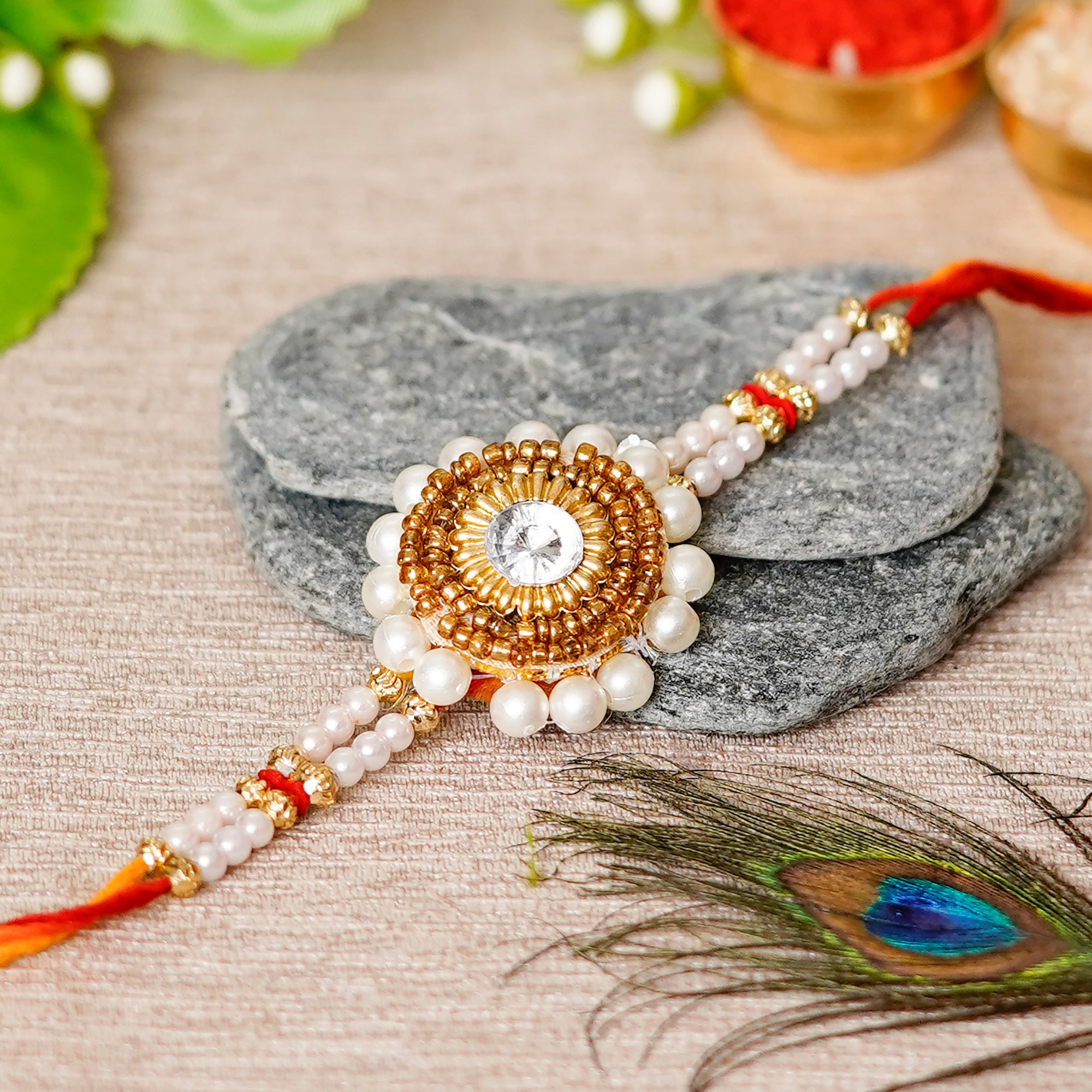 Desginer Stone and Pearl Rakhi with Ferrero Rocher (4 pcs) and Roli Chawal Pack, Best Wishes Greeting Card 1