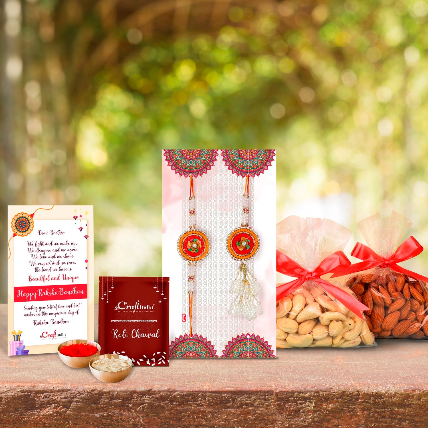 Designer Handcrafted Premium Bhaiya Bhabhi Rakhi with Badam and Cashew (200 gm each, total 400 gm) and Roli Chawal Pack, Best Wishes Greeting Card