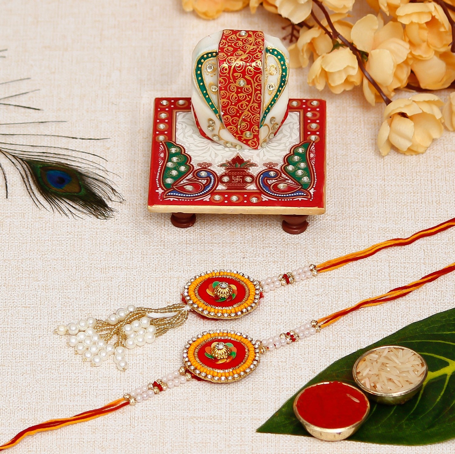 Designer Handcrafted Premium Bhaiya Bhabhi Rakhi with Lord Ganesha on Marble Chowki and Roli Chawal Pack