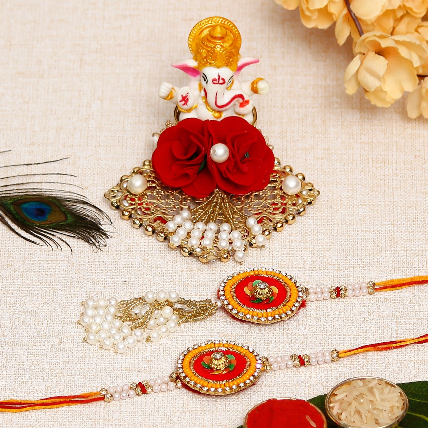Designer Handcrafted Premium Bhaiya Bhabhi Rakhi with Lord Ganesha Idol on Decorative Plate for Car & Home and Roli Chawal Pack