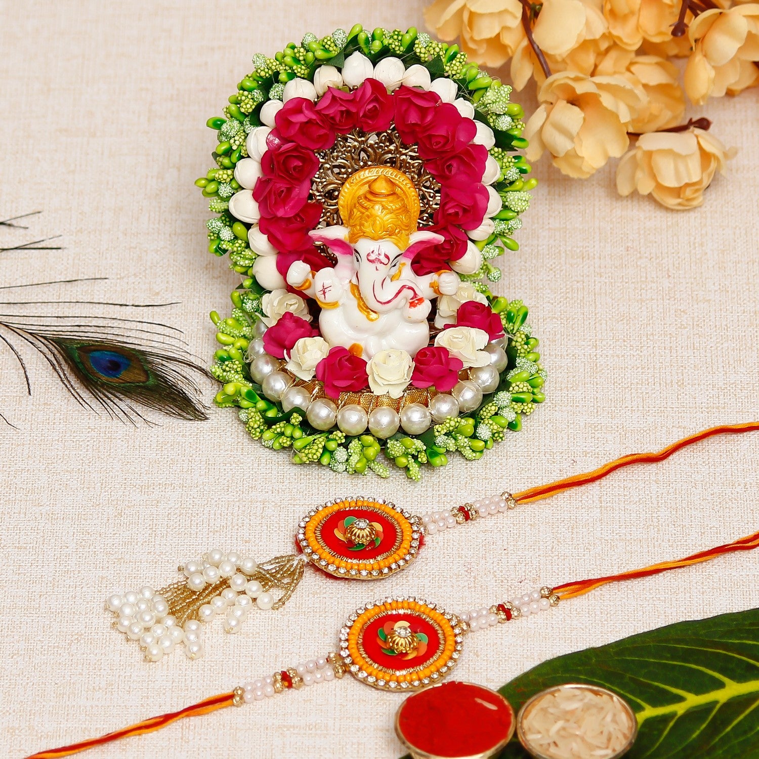 Designer Handcrafted Premium Bhaiya Bhabhi Rakhi with Lord Ganesha Idol on Decorative Handcrafted Green Floral Plate for Home and Car and Roli Chawal Pack