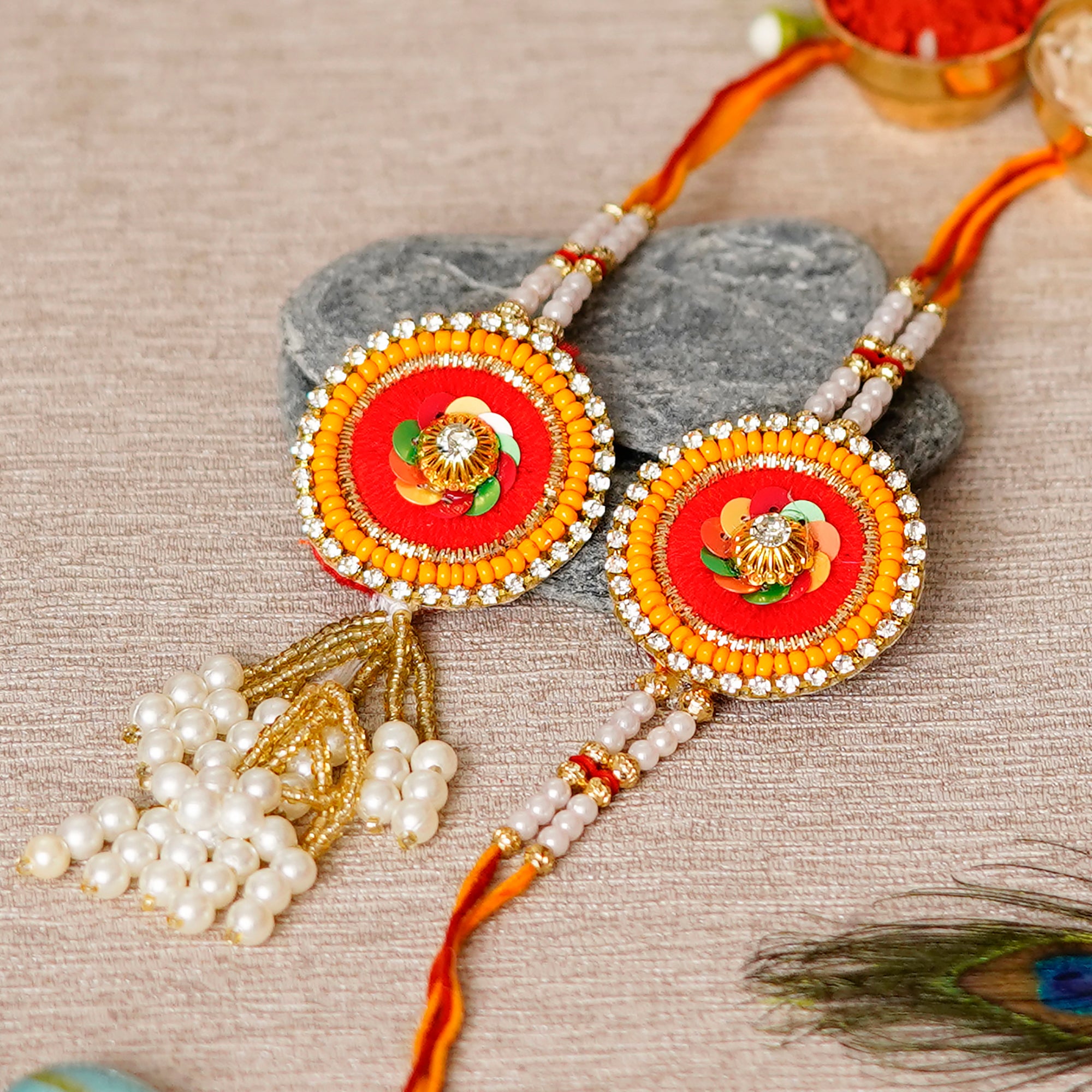Designer Handcrafted Premium Bhaiya Bhabhi Rakhi with Badam and Cashew (200 gm each, total 400 gm) and Roli Chawal Pack, Best Wishes Greeting Card 1