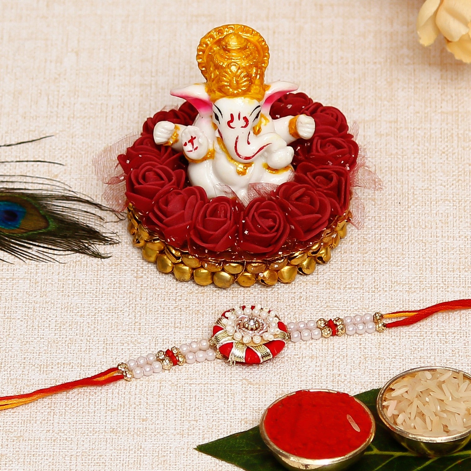 Designer Handcrafted Rakhi with Lord Ganesha Idol on Decorative Plate for Car & Home and Roli Chawal Pack