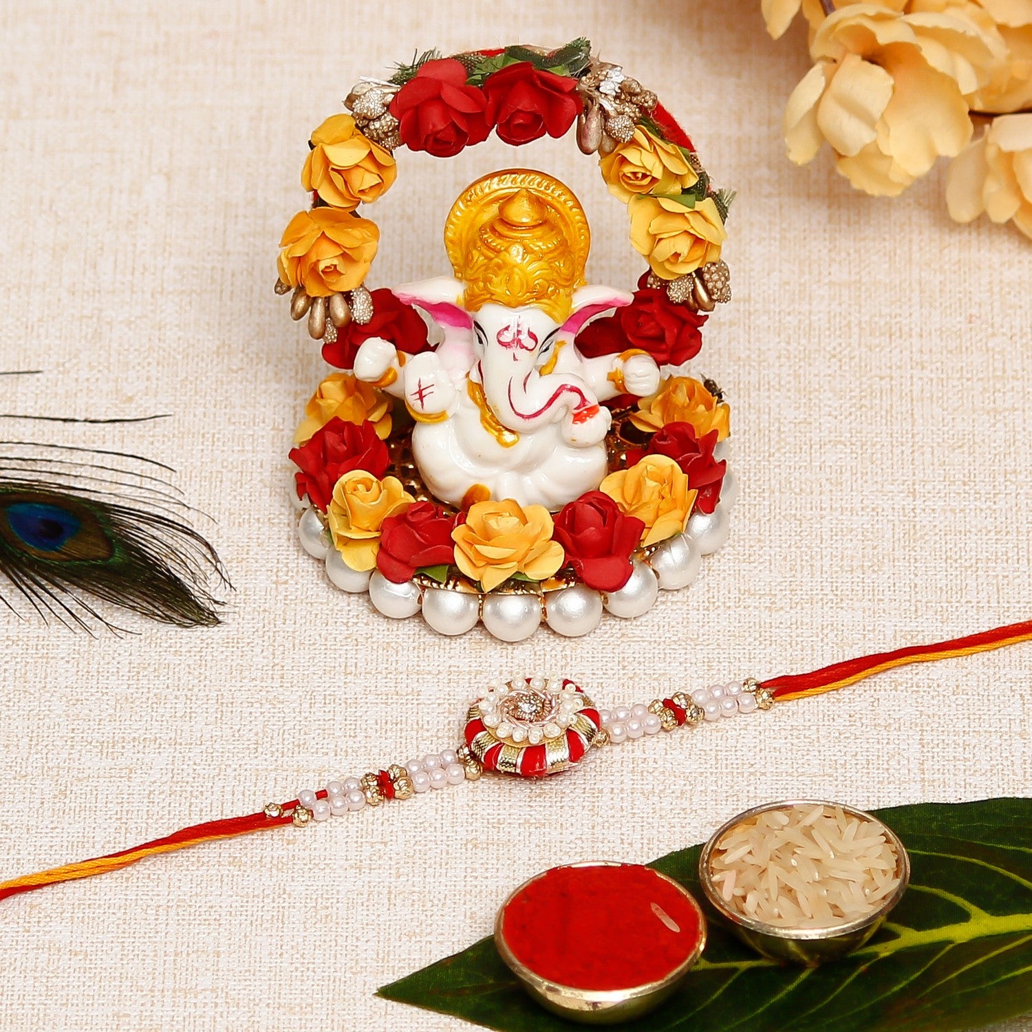 Designer Handcrafted Rakhi with Lord Ganesha Idol on Decorative Plate for Car & Home and Roli Chawal Pack