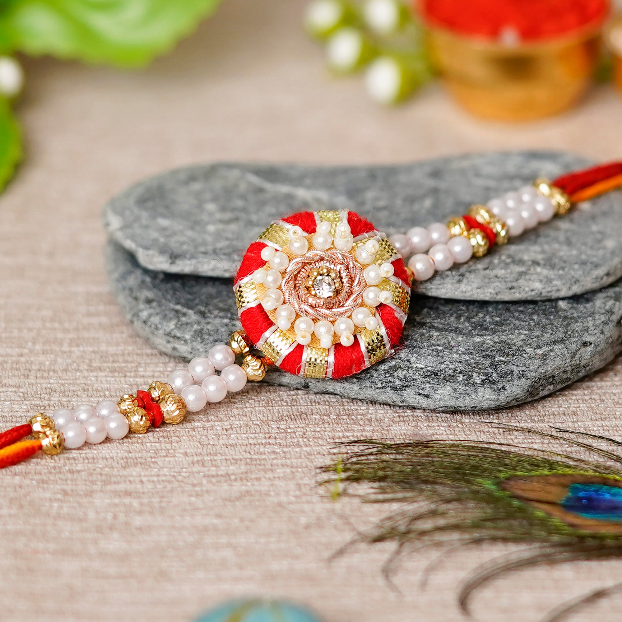 Designer Handcrafted Rakhi with Lord Ganesha Idol on Decorative Plate for Car & Home and Roli Chawal Pack 1