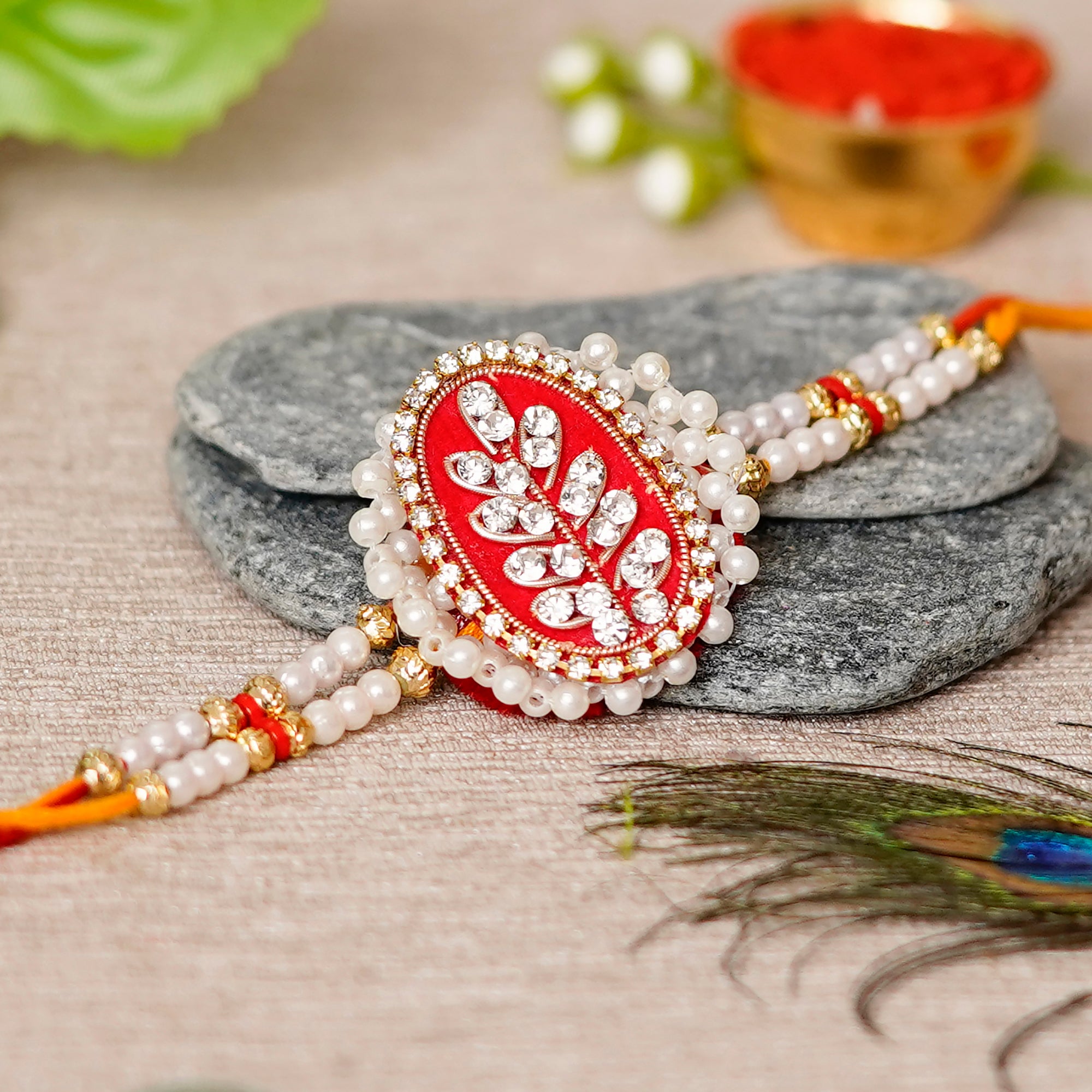 Designer Handcrafted Rakhi with Lord Ganesha on Marble Chowki and Roli Chawal Pack 1