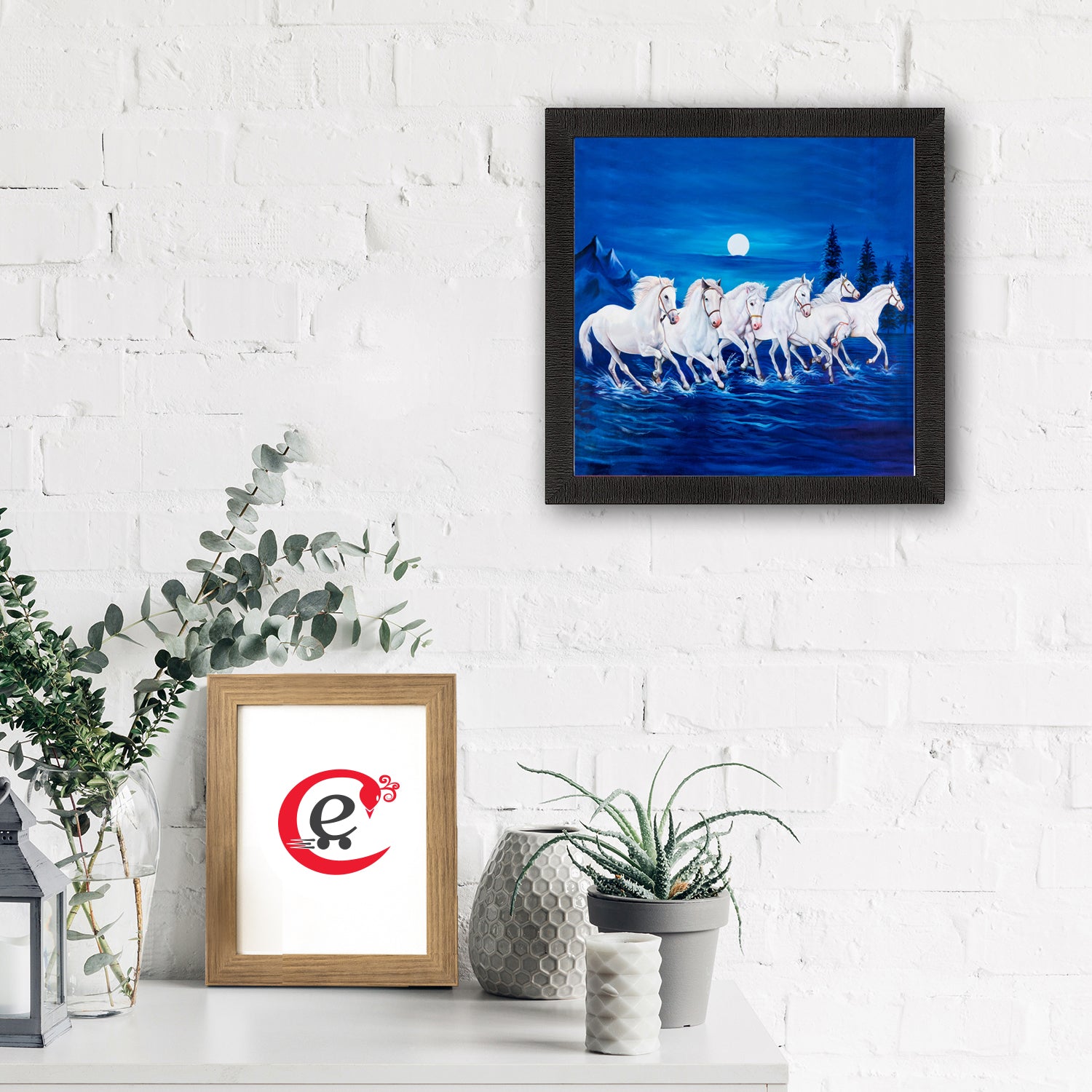 Seven White Running Horses Painting Digital Printed Animal Wall Art 1
