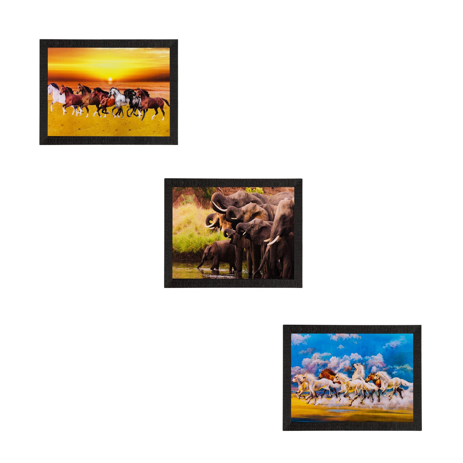 Set of 3 Running Horses and Elephants Matt Textured UV Art Painting