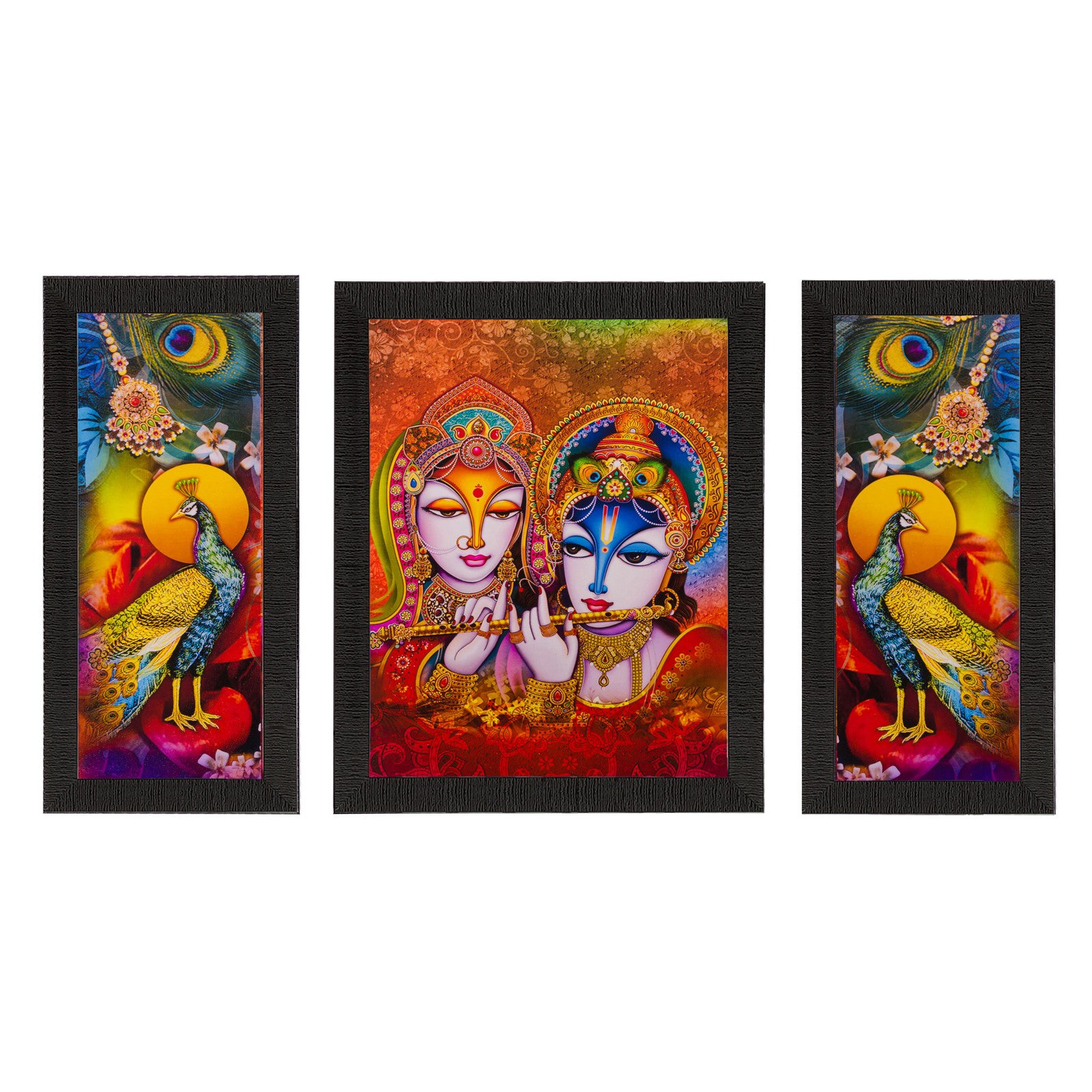 Set of 3 Radha Krishna & Peacock Matt Textured UV Art Painting