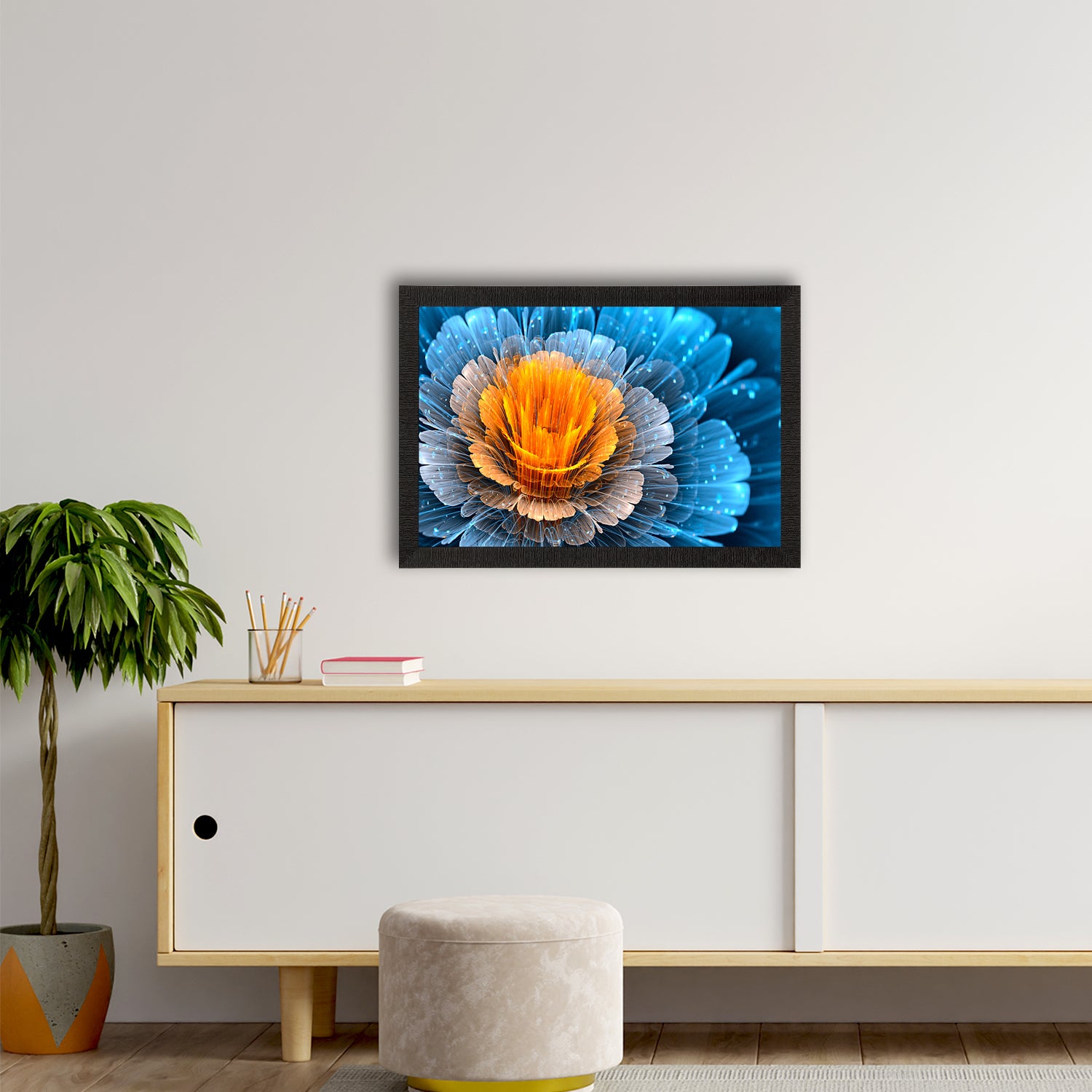 Blue And Yellow Glowing Flower Painting Digital Printed Floral Wall Art 2