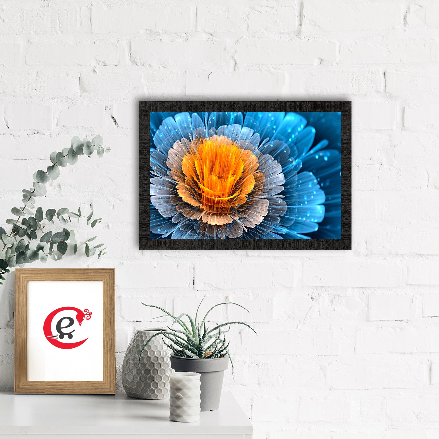 Blue And Yellow Glowing Flower Painting Digital Printed Floral Wall Art 1