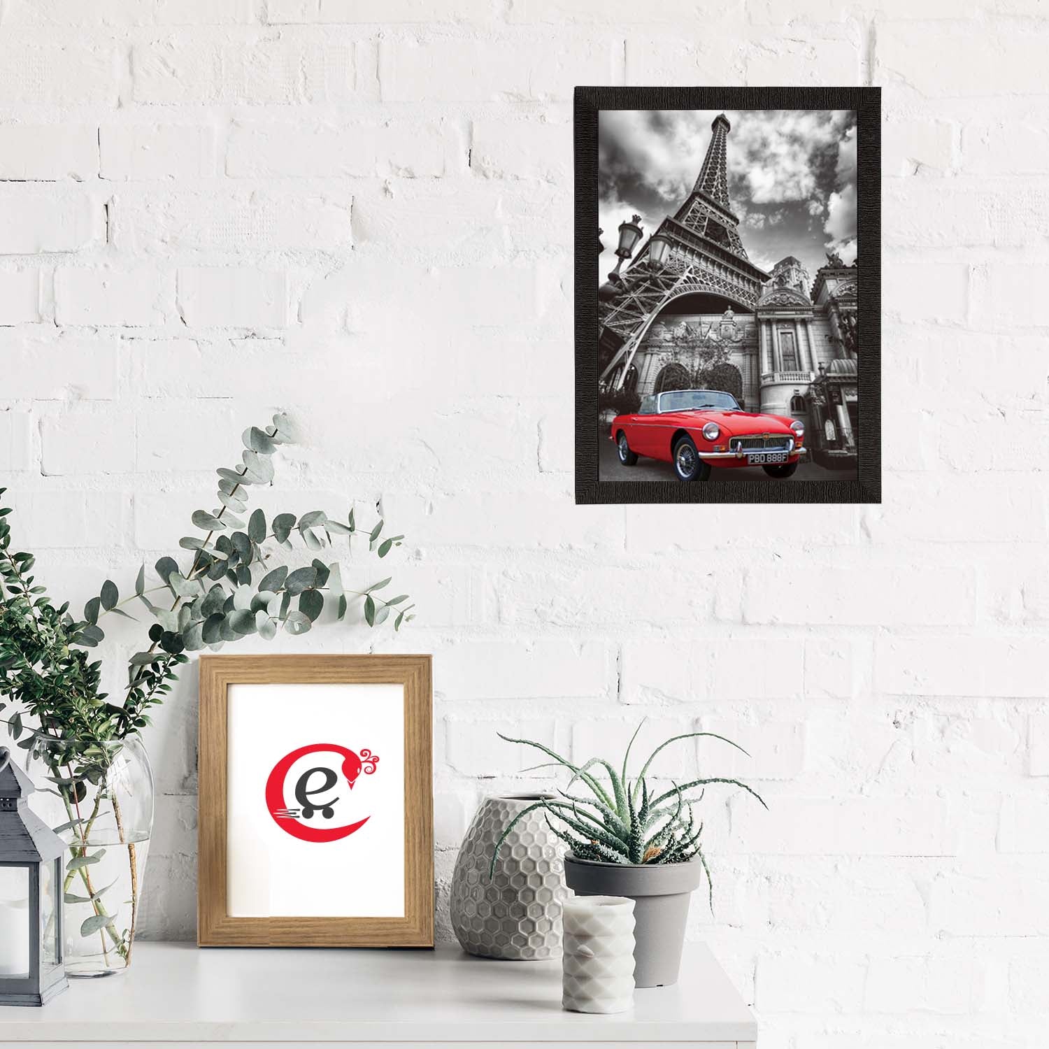 Red Car Underneath Eiffel Tower Satin Matt Texture UV Art Painting 1