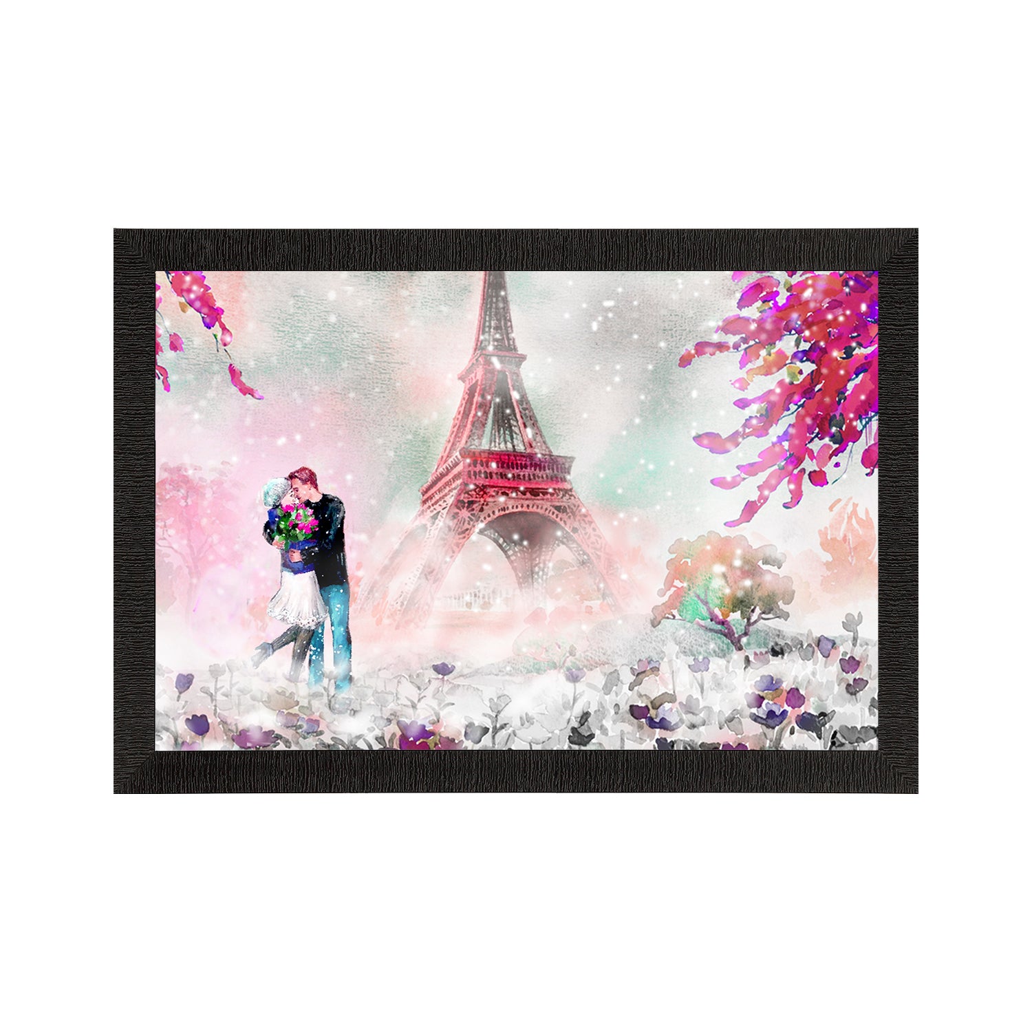 Kissing Romantic Couple In Front of Eiffel Tower Valentine Theme Satin Matt Texture UV Art Painting