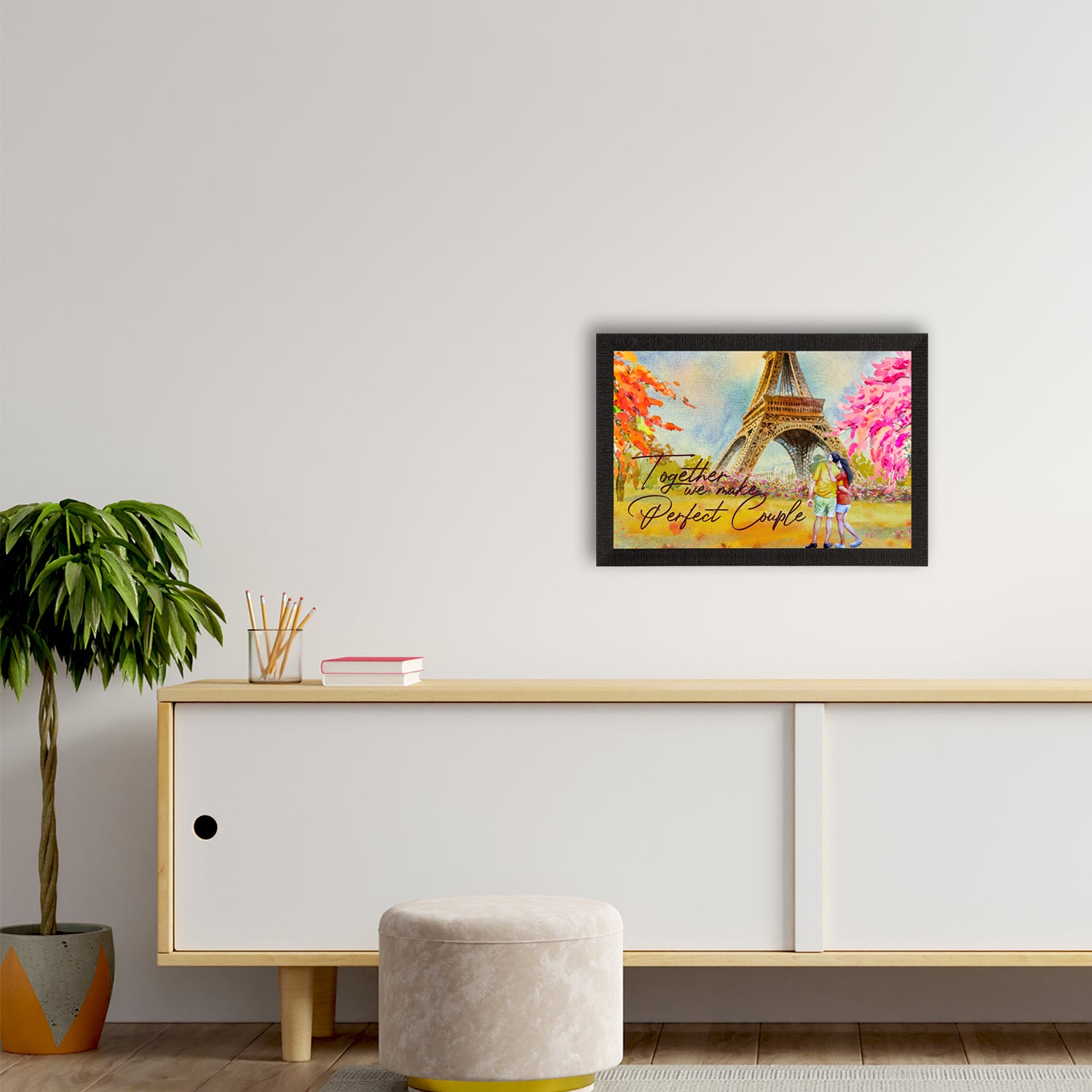 "Together we make Perfect Couple"  Romantic Couple in front of Eiffel Tower Love Theme Satin Matt Texture UV Art Painting 2