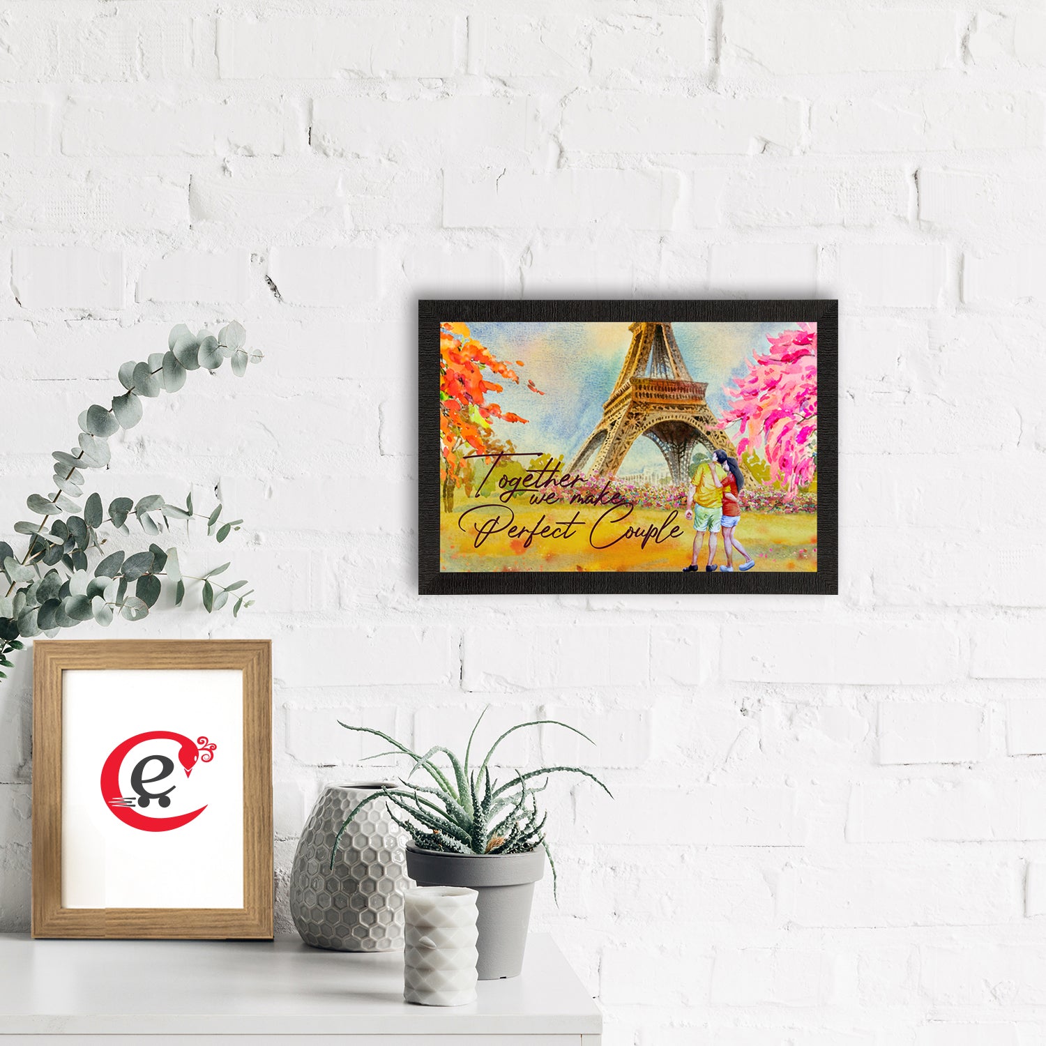 "Together we make Perfect Couple"  Romantic Couple in front of Eiffel Tower Love Theme Satin Matt Texture UV Art Painting 1