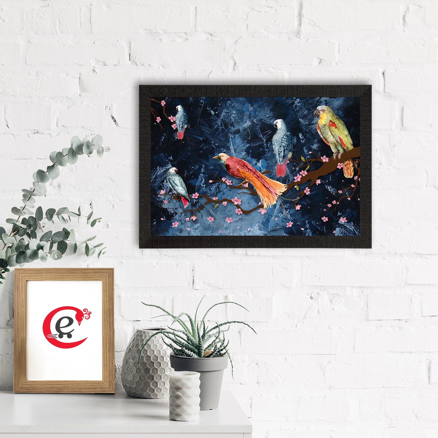 Colorful Birds Sitting on Tree Branch Satin Matt Texture UV Art Painting 1