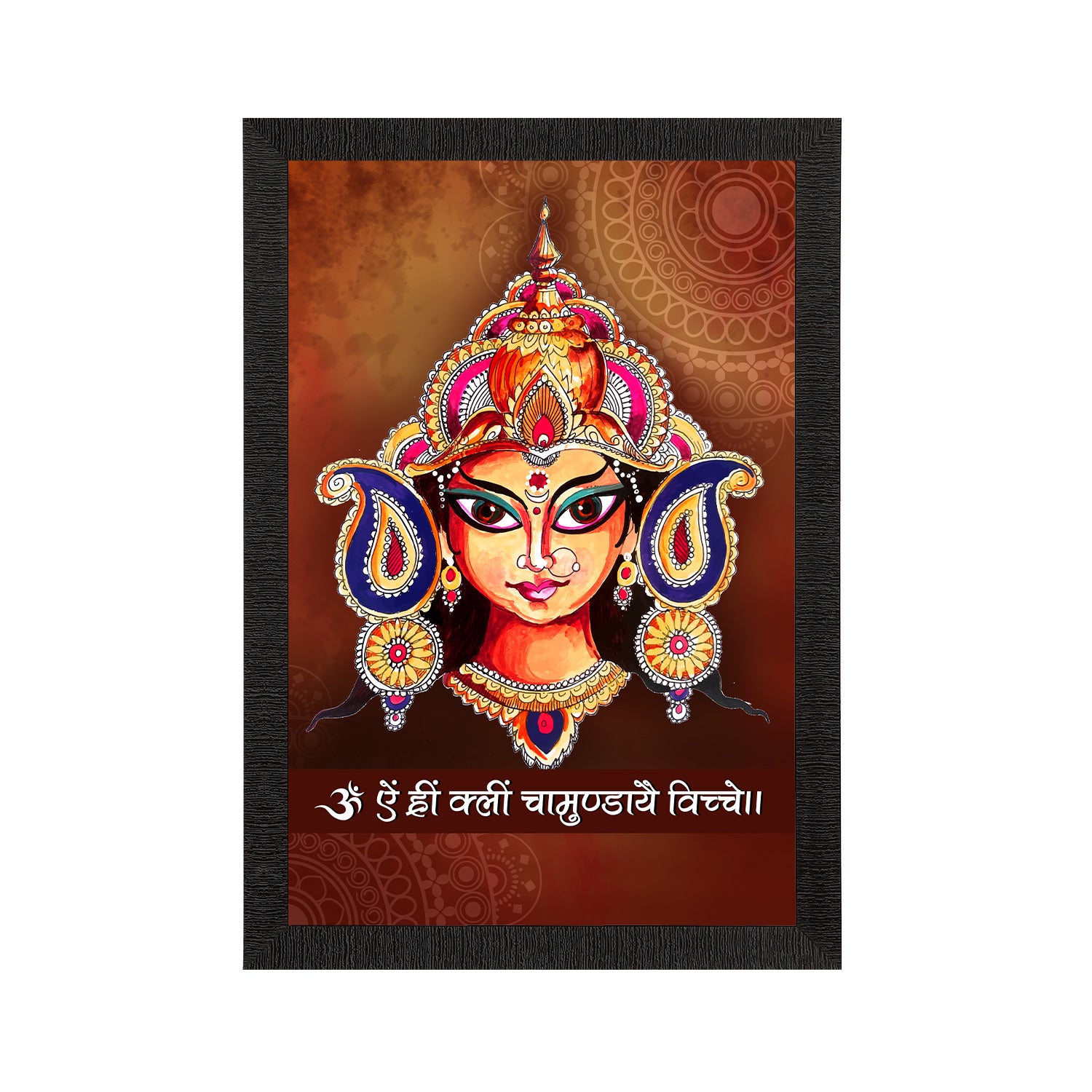 Durga Maa Painting With Om Aim Hrim Klim Chamundaye Viche Mantra Digital Printed Religious Wall Art