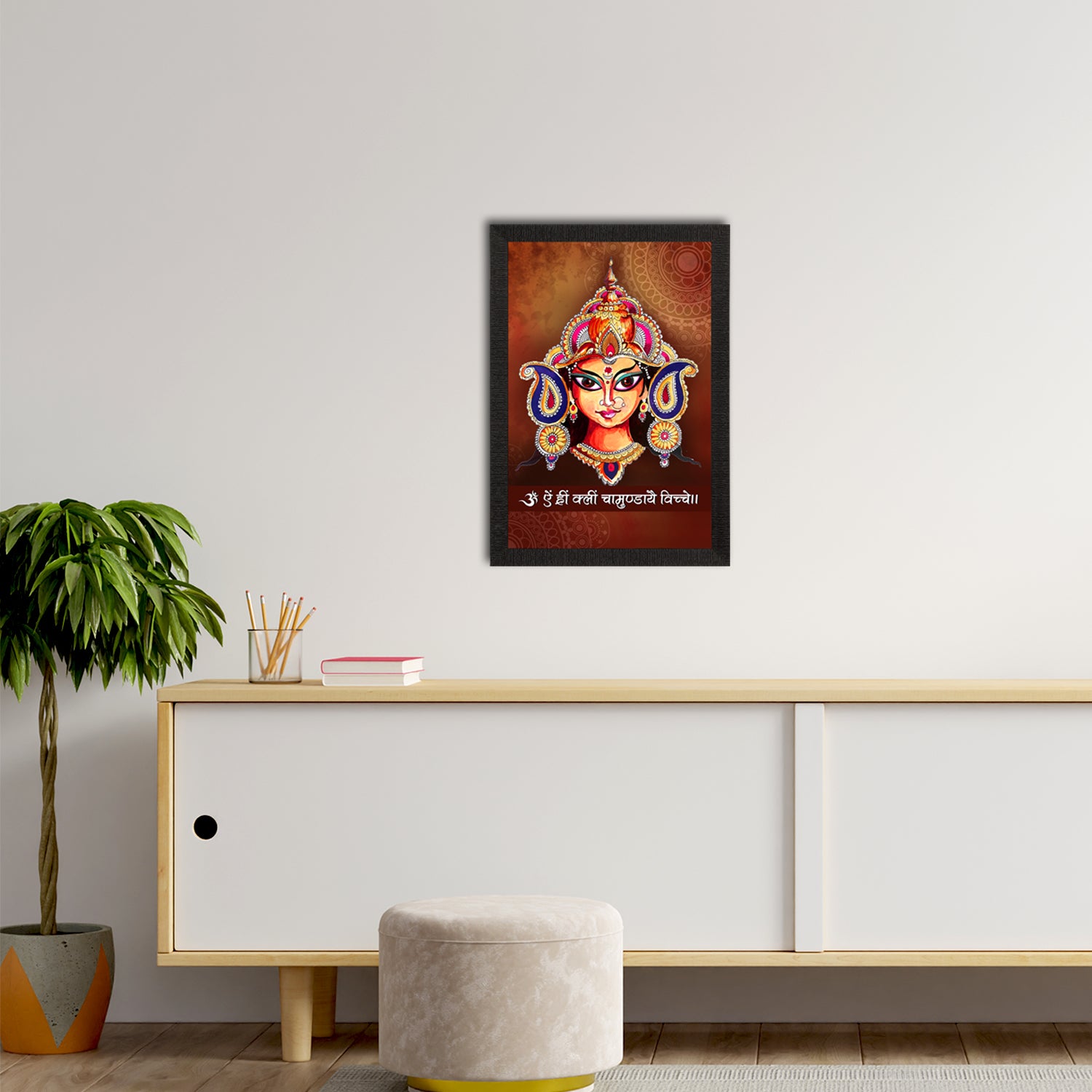 Durga Maa Painting With Om Aim Hrim Klim Chamundaye Viche Mantra Digital Printed Religious Wall Art 2