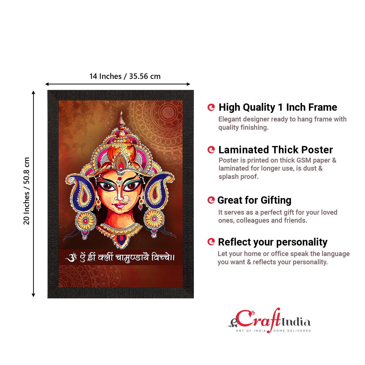 Durga Maa Painting With Om Aim Hrim Klim Chamundaye Viche Mantra Digital Printed Religious Wall Art 3