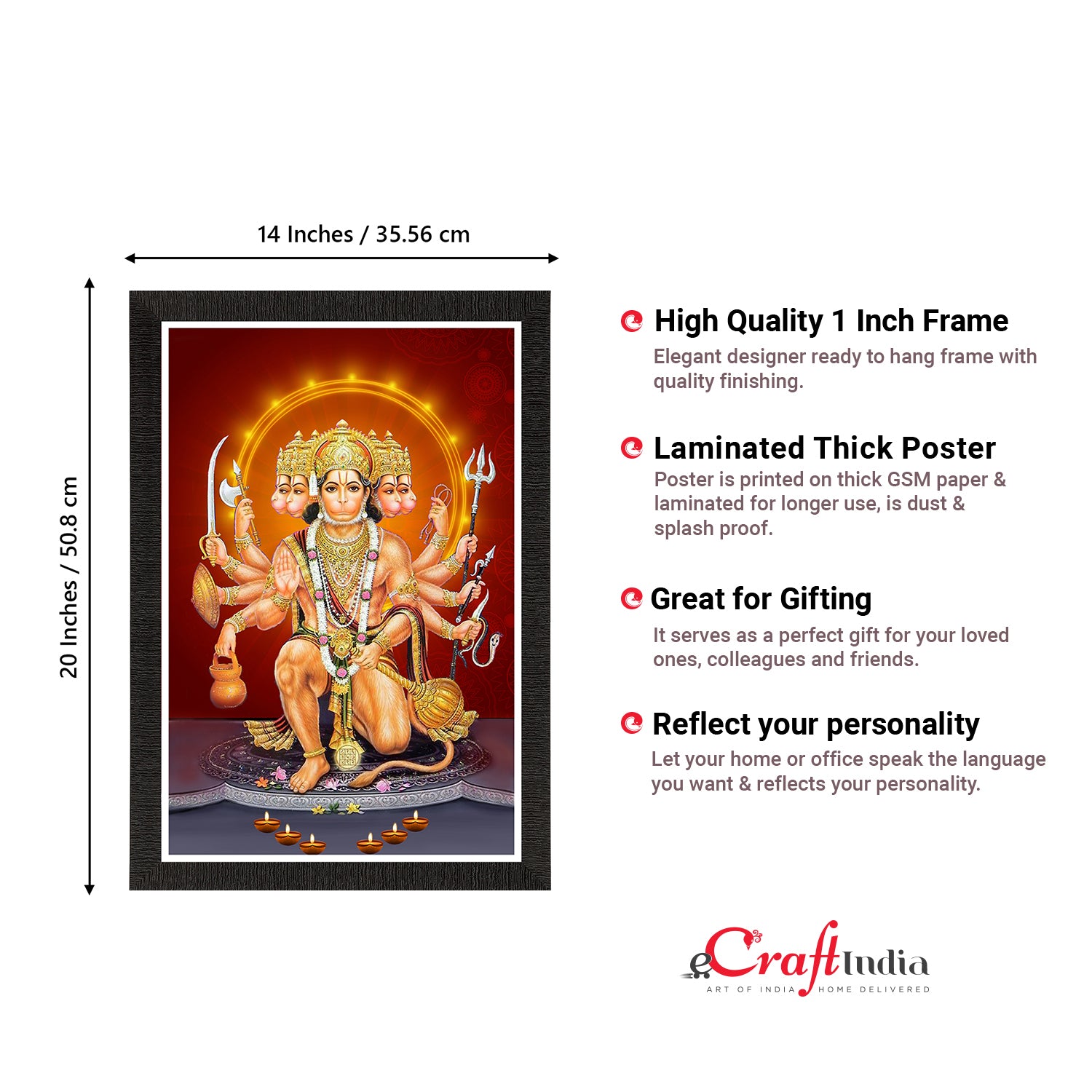 Panch Mukhi Lord Hanuman Satin Matt Texture UV Art Painting 3