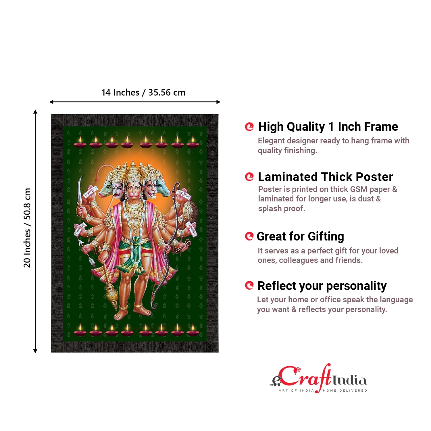 Panch Mukhi Lord Hanuman Satin Matt Texture UV Art Painting 3