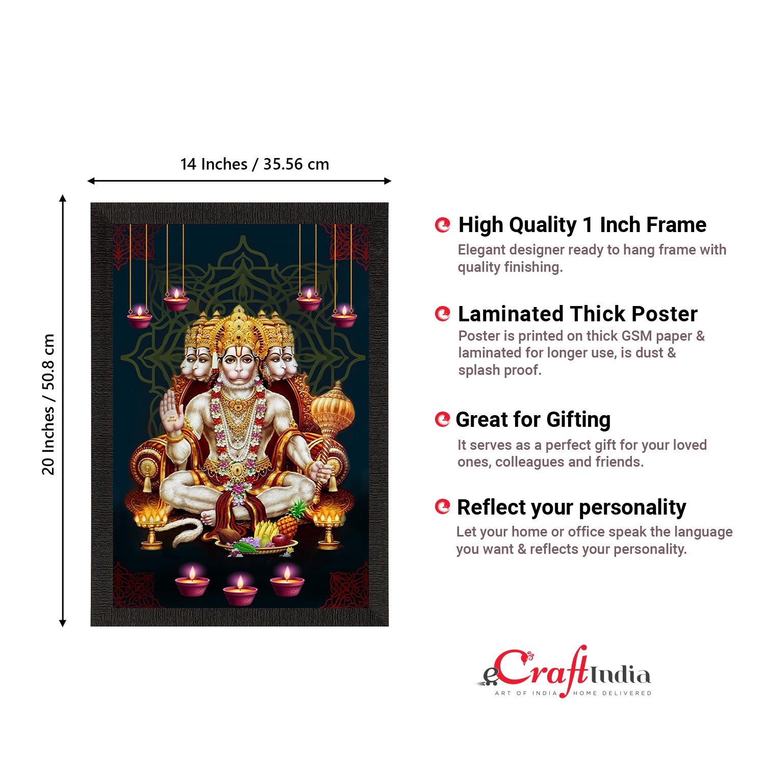 Panch Mukhi Lord Hanuman Satin Matt Texture UV Art Painting 3