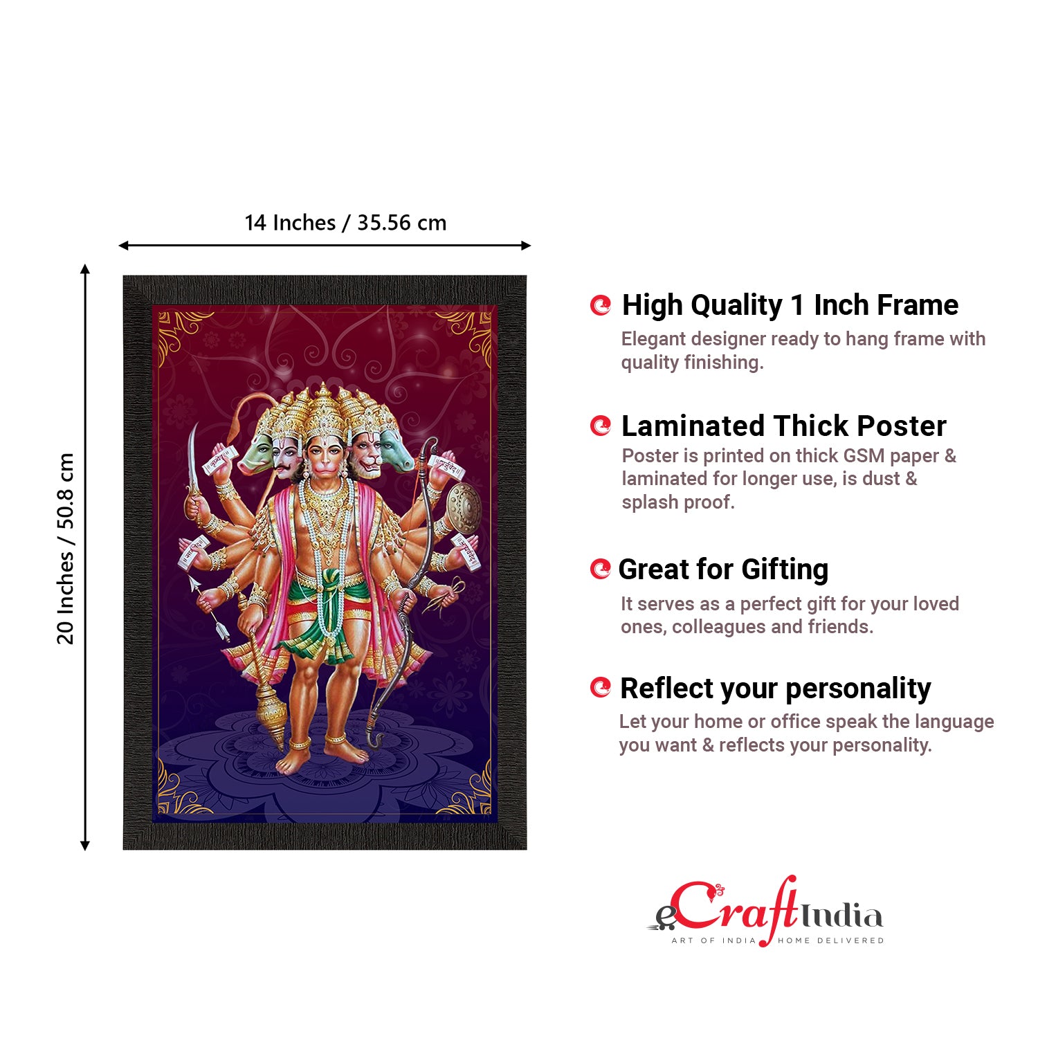 Panch Mukhi Lord Hanuman Satin Matt Texture UV Art Painting 3