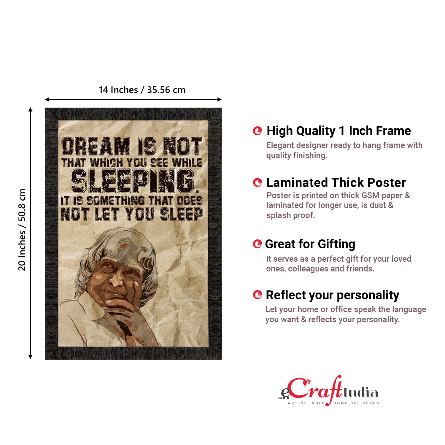 "DREAM is not that which you see while SLEEPING, It is something that doesn't let you sleep" A. P. J. Abdul Kalam Motivational Quote Satin Matt Texture UV Art Painting 3