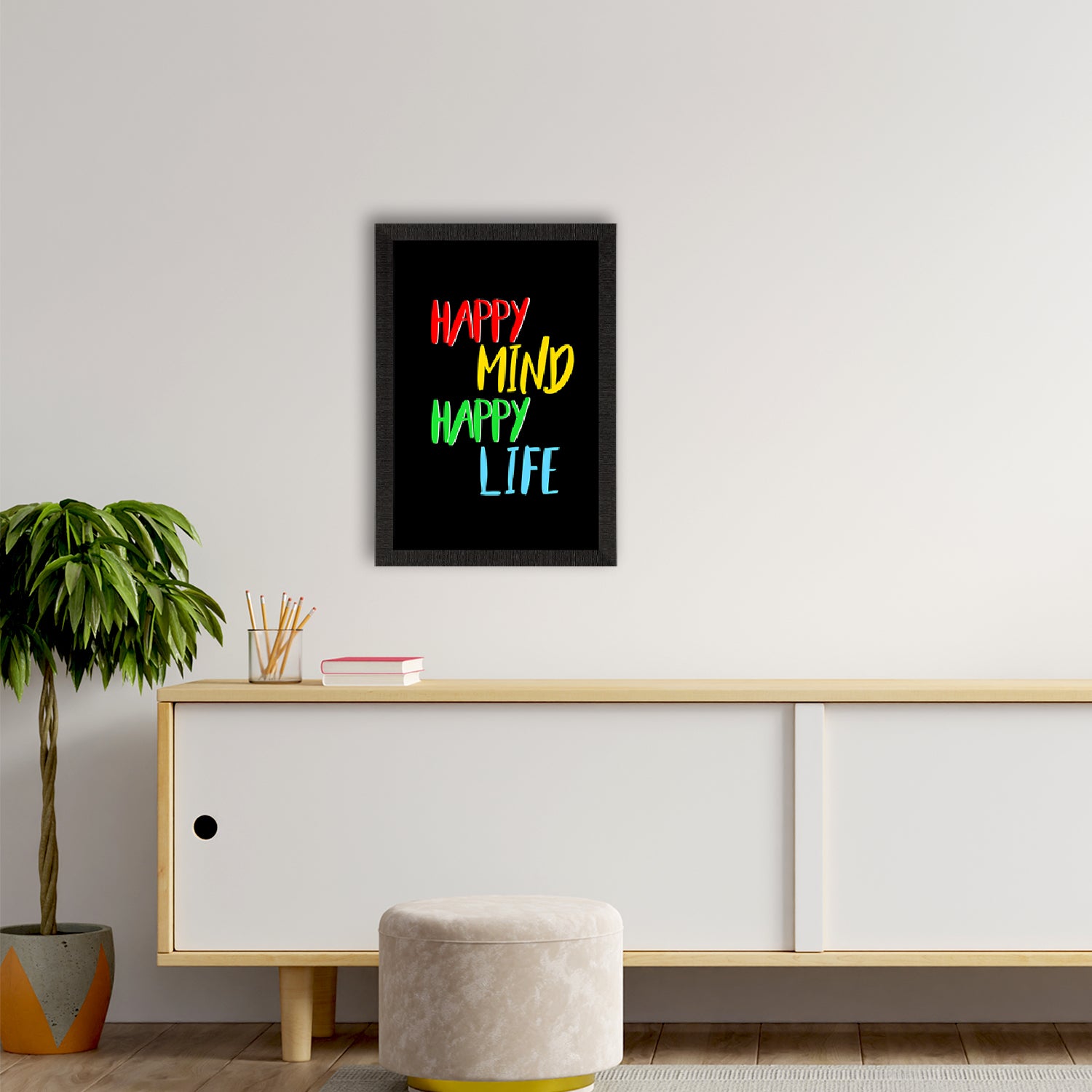 "Happy Mind Happy Life" Motivational Quote Satin Matt Texture UV Art Painting 2