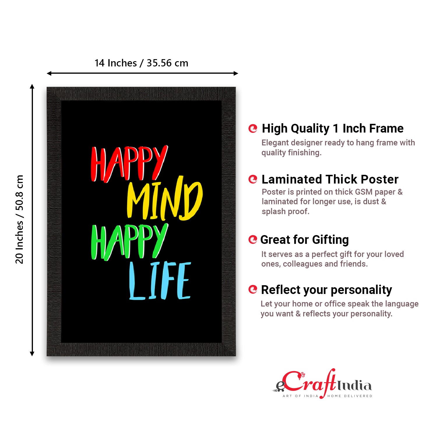 "Happy Mind Happy Life" Motivational Quote Satin Matt Texture UV Art Painting 3