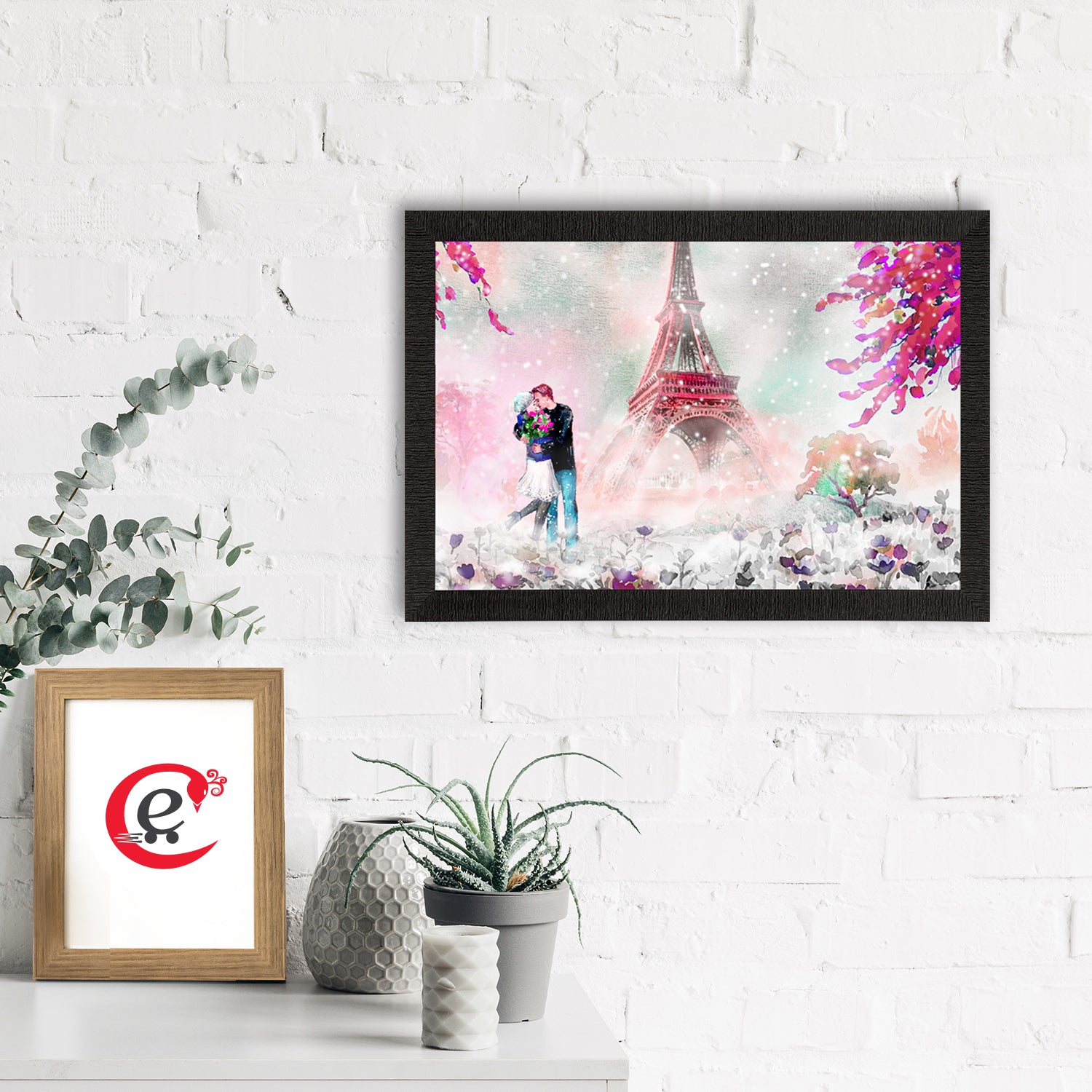 Kissing Romantic Couple In Front of Eiffel Tower Valentine Theme Satin Matt Texture UV Art Painting 1