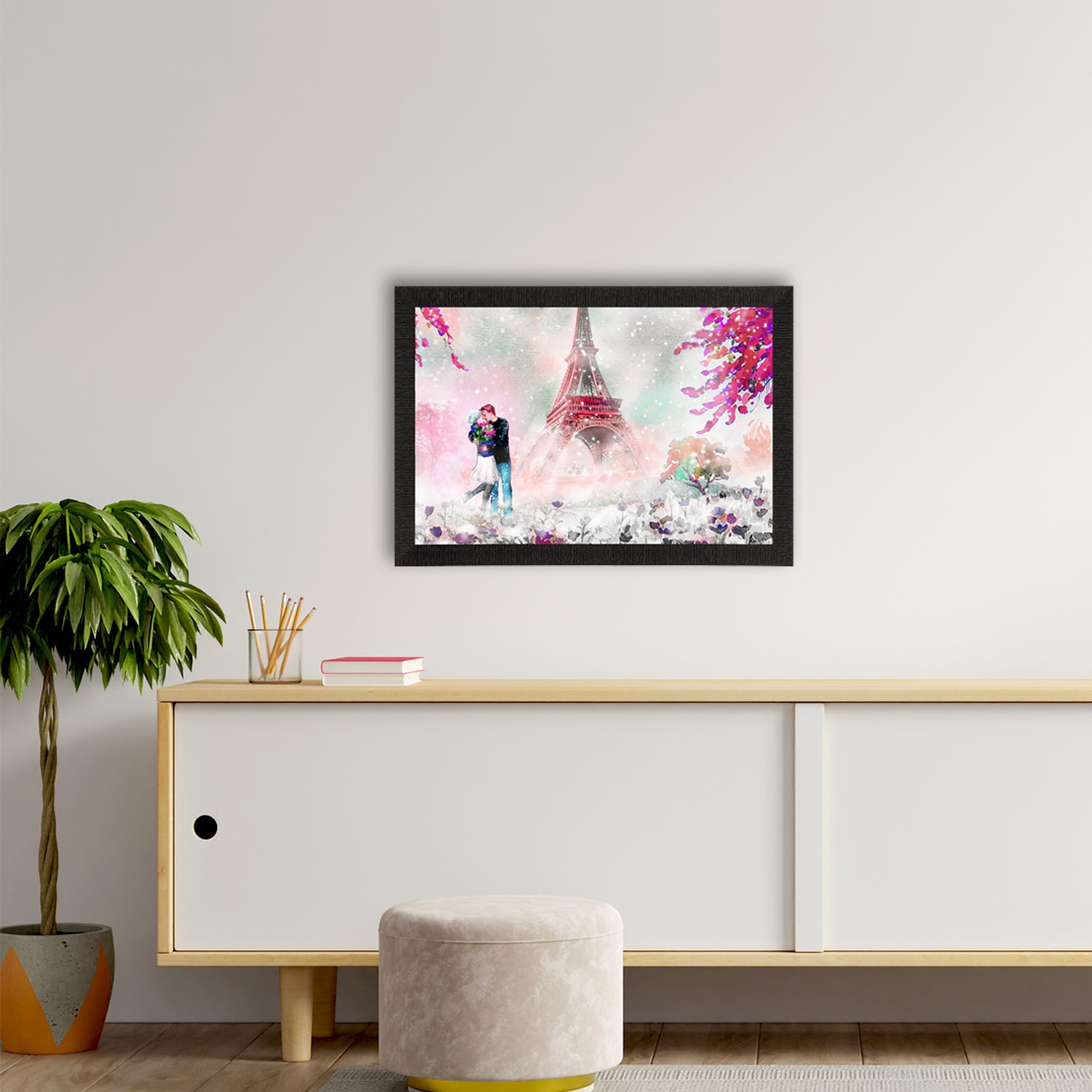 Kissing Romantic Couple In Front of Eiffel Tower Valentine Theme Satin Matt Texture UV Art Painting 2