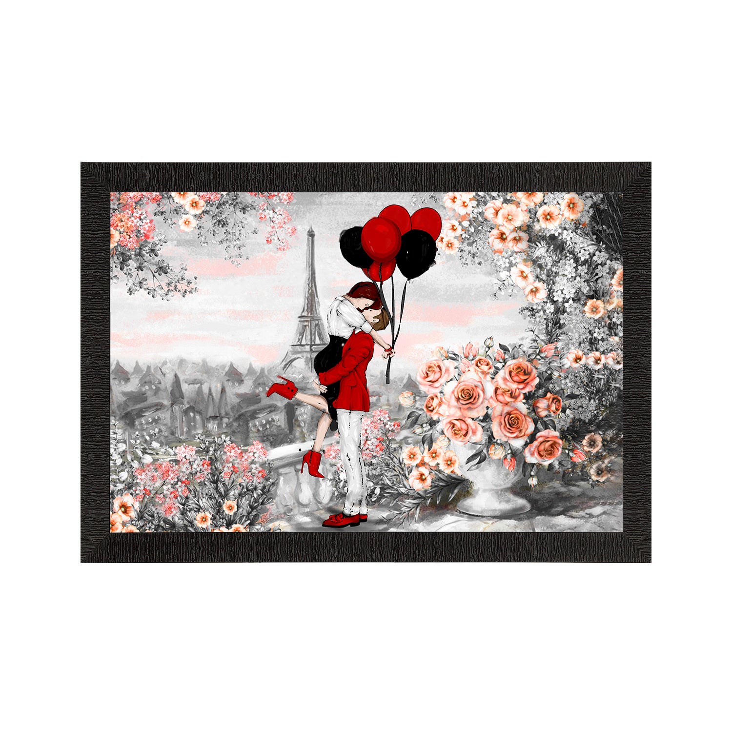 Kissing Romantic Couple In Front of Eiffel Tower Valentine Theme Satin Matt Texture UV Art Painting