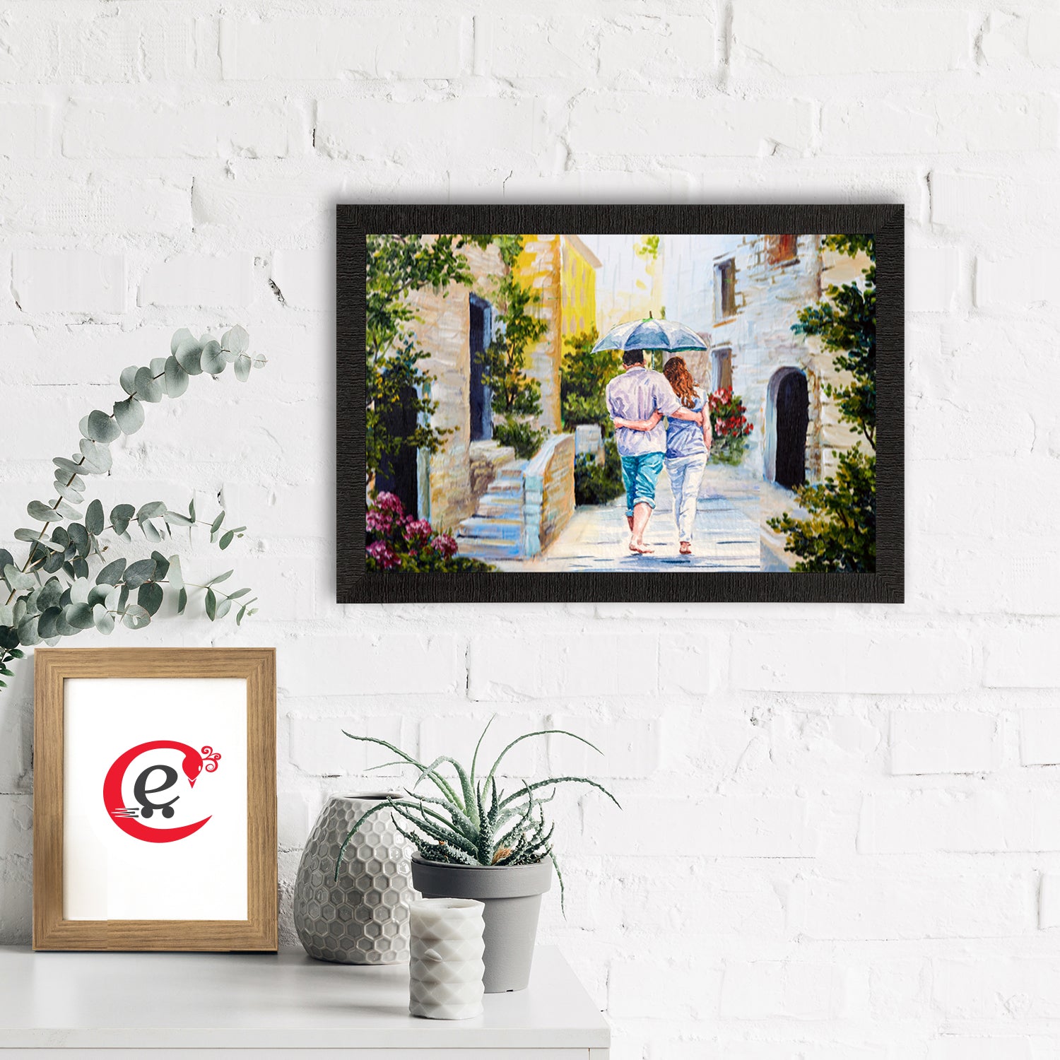 Romantic Couple Walking wit Umbrella Valentine Theme Satin Matt Texture UV Art Painting 1