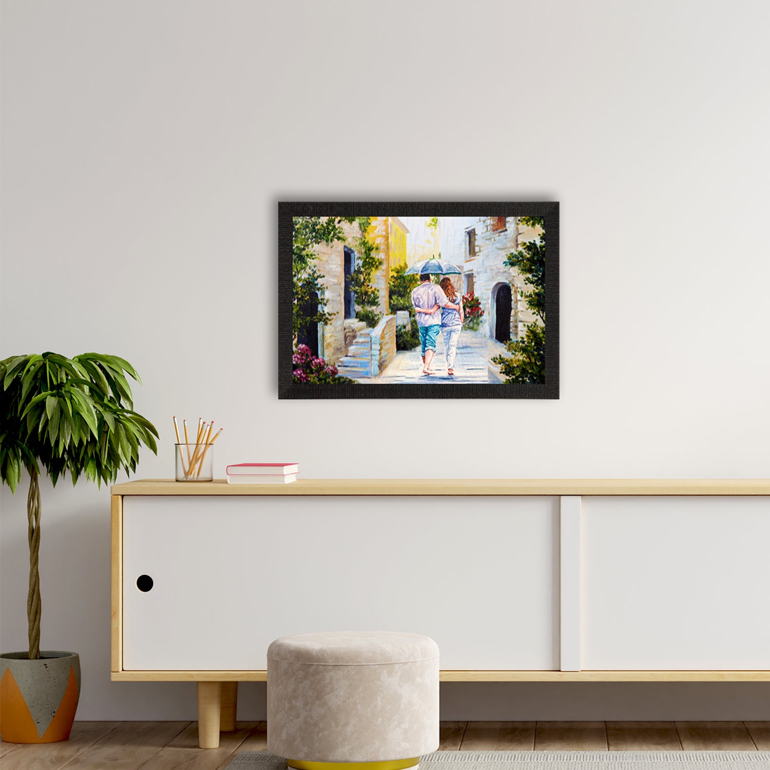 Romantic Couple Walking wit Umbrella Valentine Theme Satin Matt Texture UV Art Painting 2