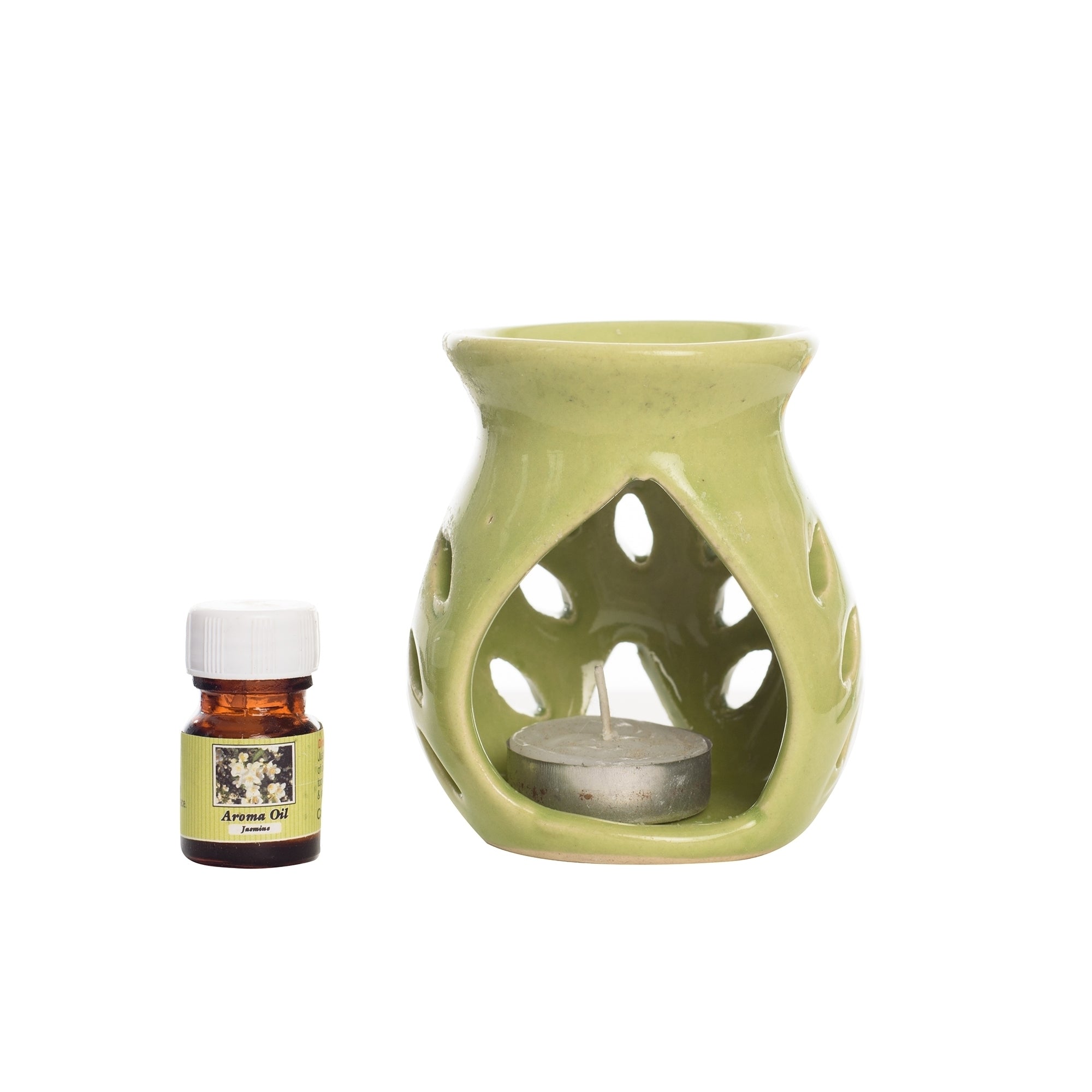 Green Aroma Burner Set with Jasmine Aroma Oil and 4 Tea Light Candles