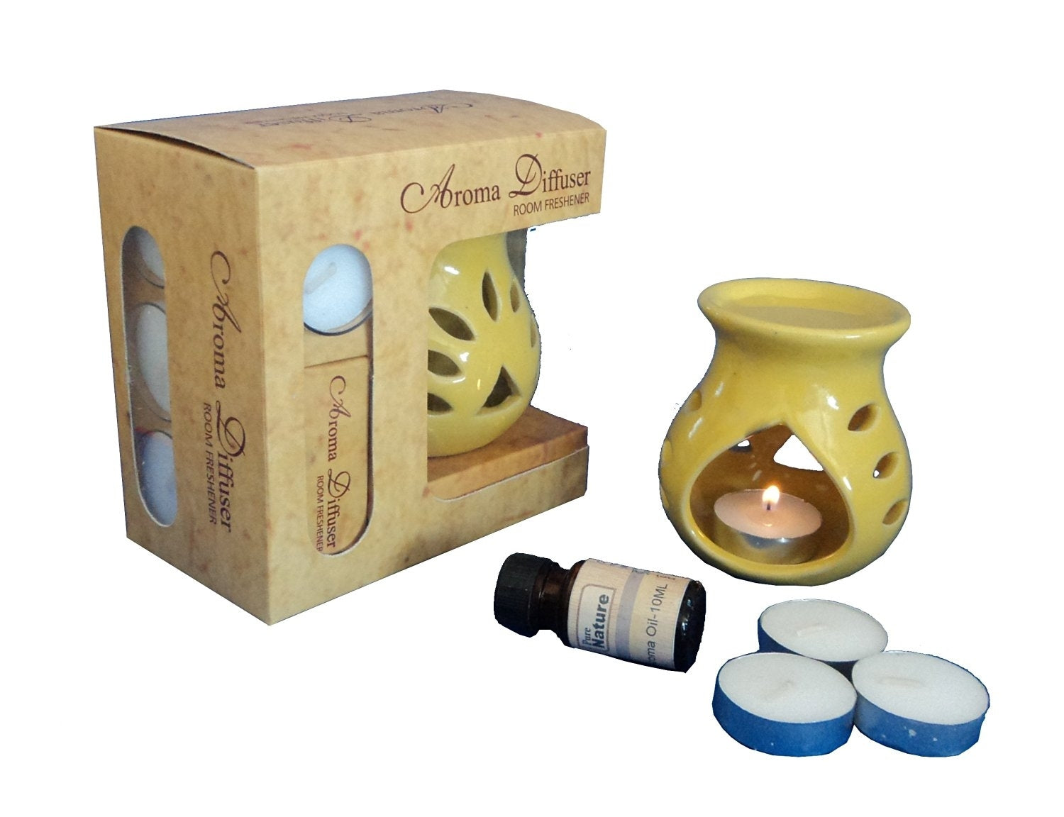 Yellow Aroma Burner Set with Lemon Grass Aroma Oil and 4 Tea Light Candles