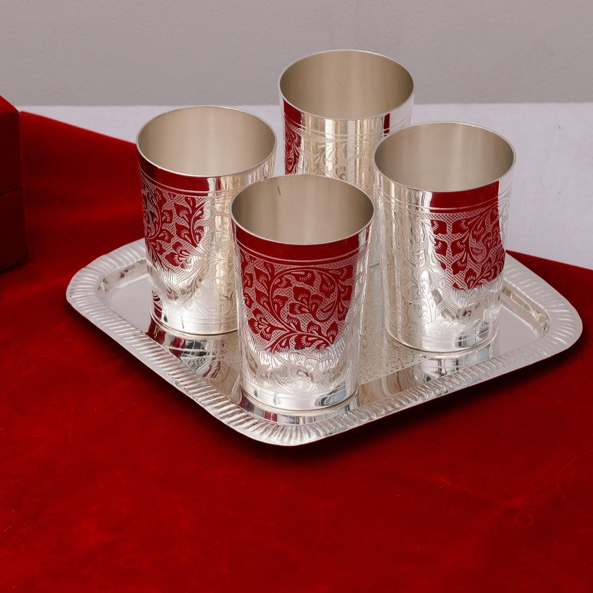 German Silver Glass Set of 4 with Velvet Box