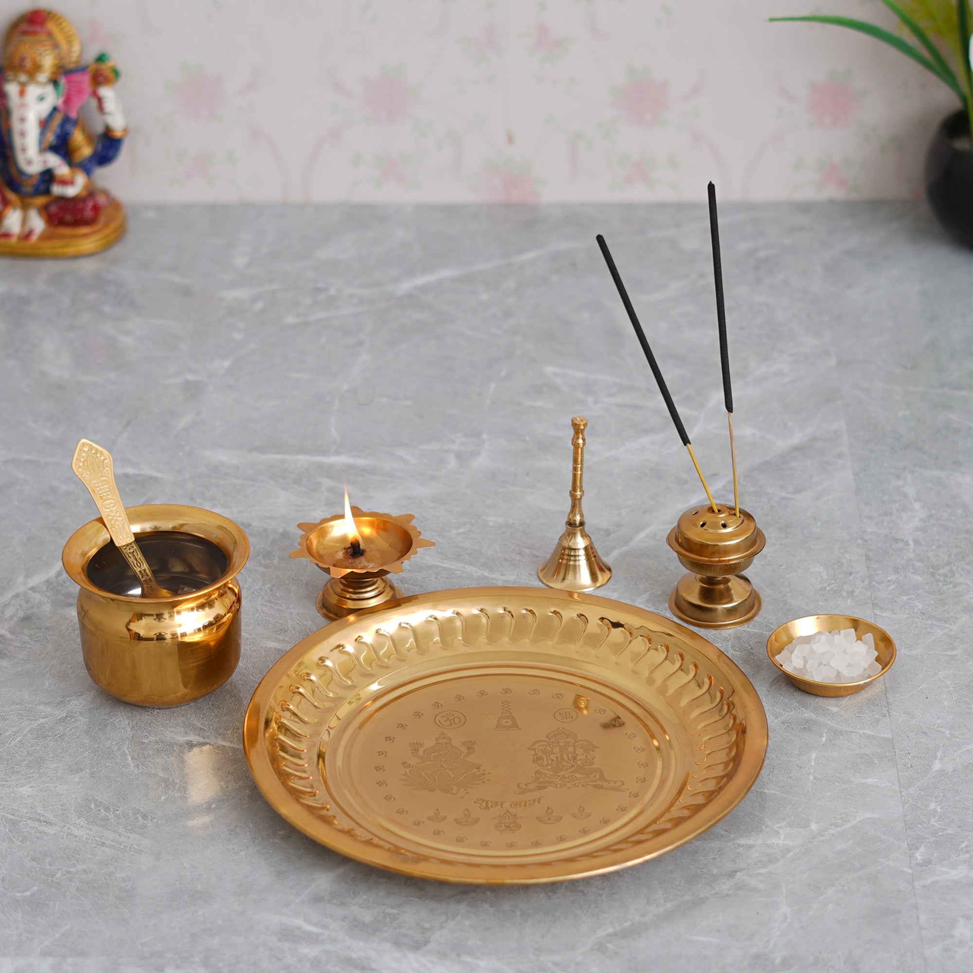 eCraftIndia Golden Metal Handcrafted Lakshmi Ganesha Design Pooja Thali Set with Diya, Ghanti, Kalash, Spoon, Bowl, Agarbatti Stand