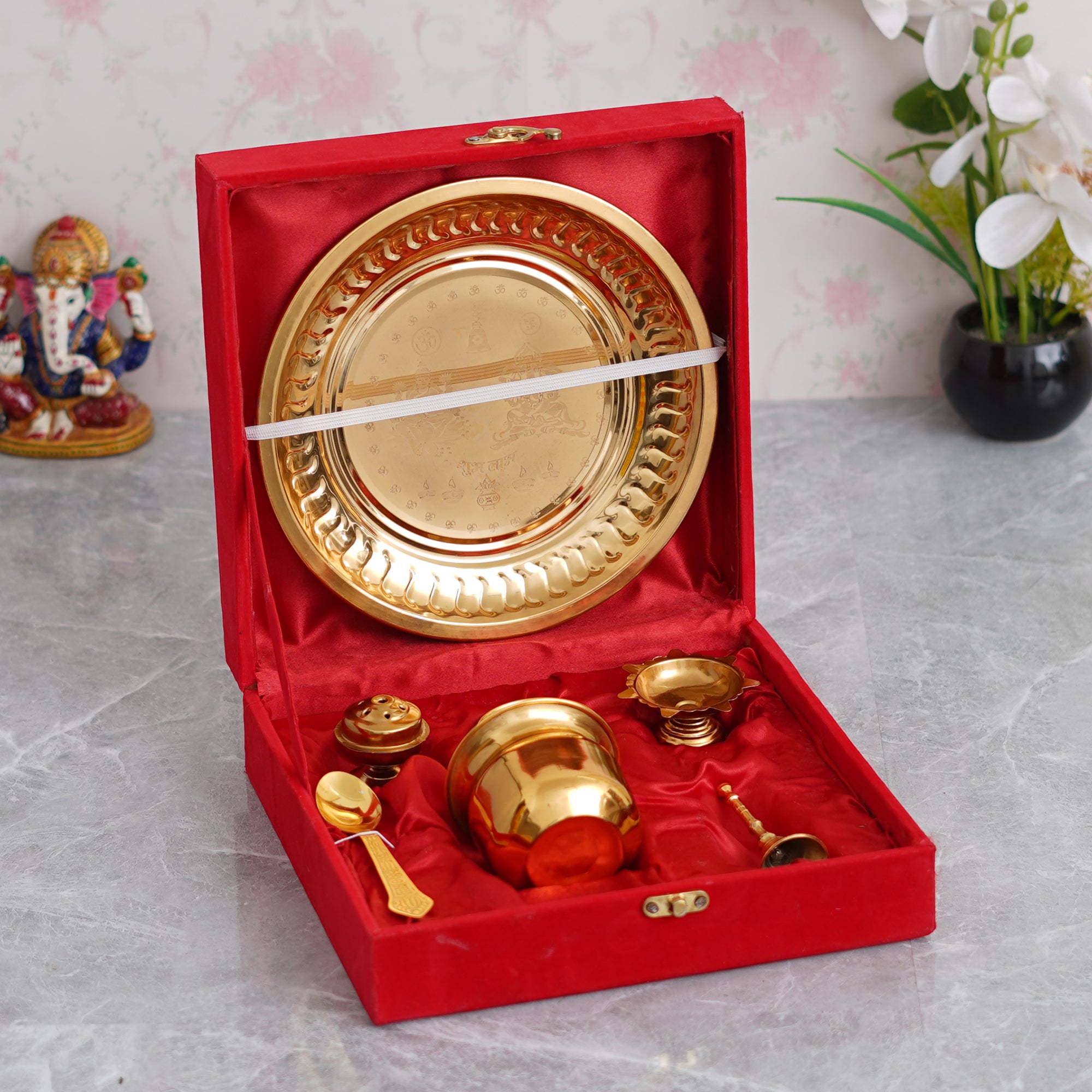 eCraftIndia Golden Metal Handcrafted Lakshmi Ganesha Design Pooja Thali Set with Diya, Ghanti, Kalash, Spoon, Bowl, Agarbatti Stand 1