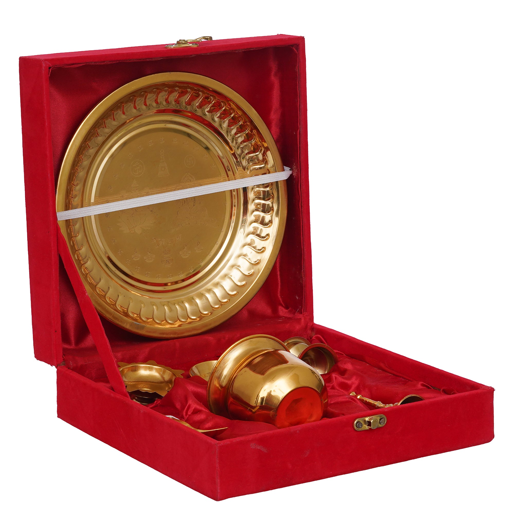 eCraftIndia Golden Metal Handcrafted Lakshmi Ganesha Design Pooja Thali Set with Diya, Ghanti, Kalash, Spoon, Bowl, Agarbatti Stand 4
