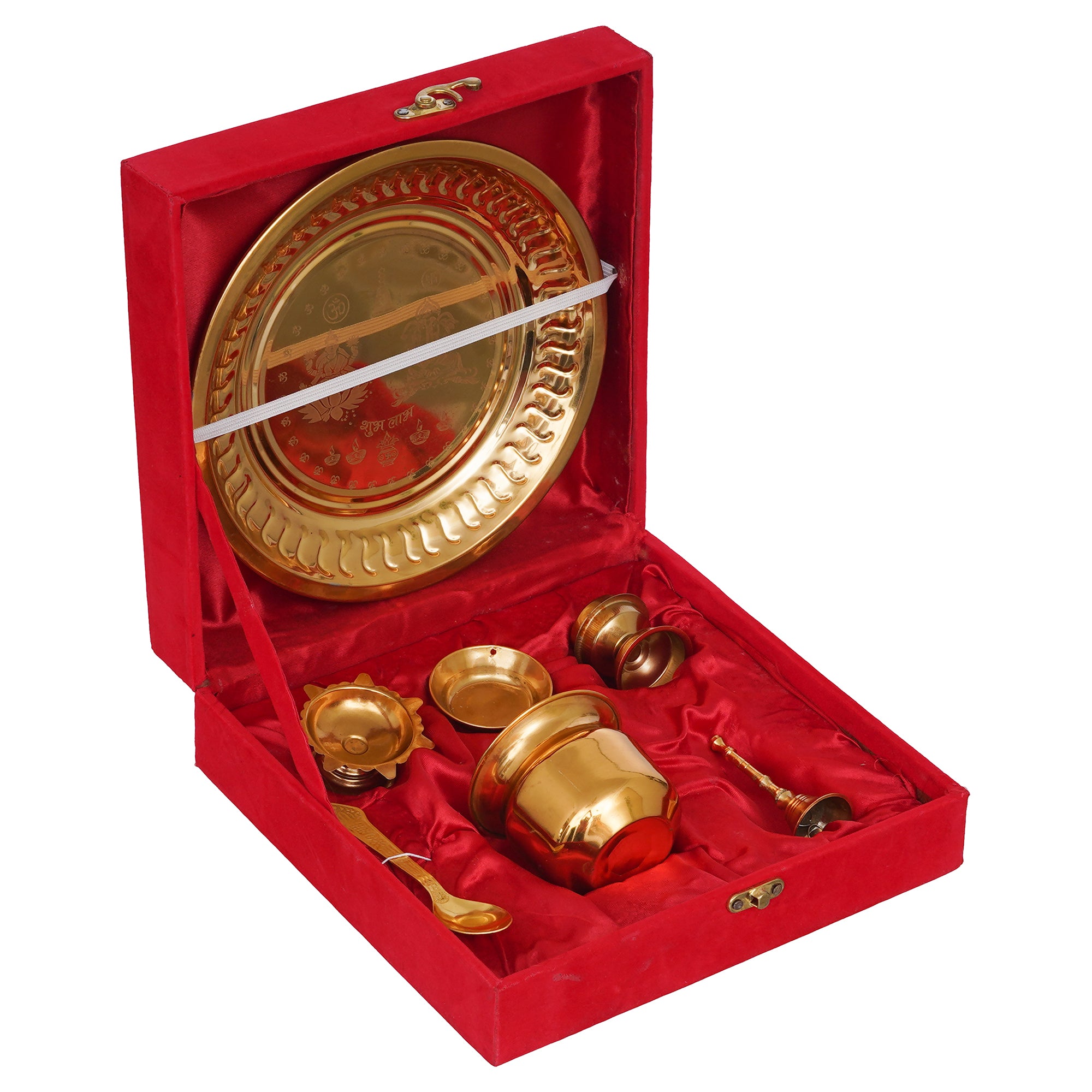 eCraftIndia Golden Metal Handcrafted Lakshmi Ganesha Design Pooja Thali Set with Diya, Ghanti, Kalash, Spoon, Bowl, Agarbatti Stand 5