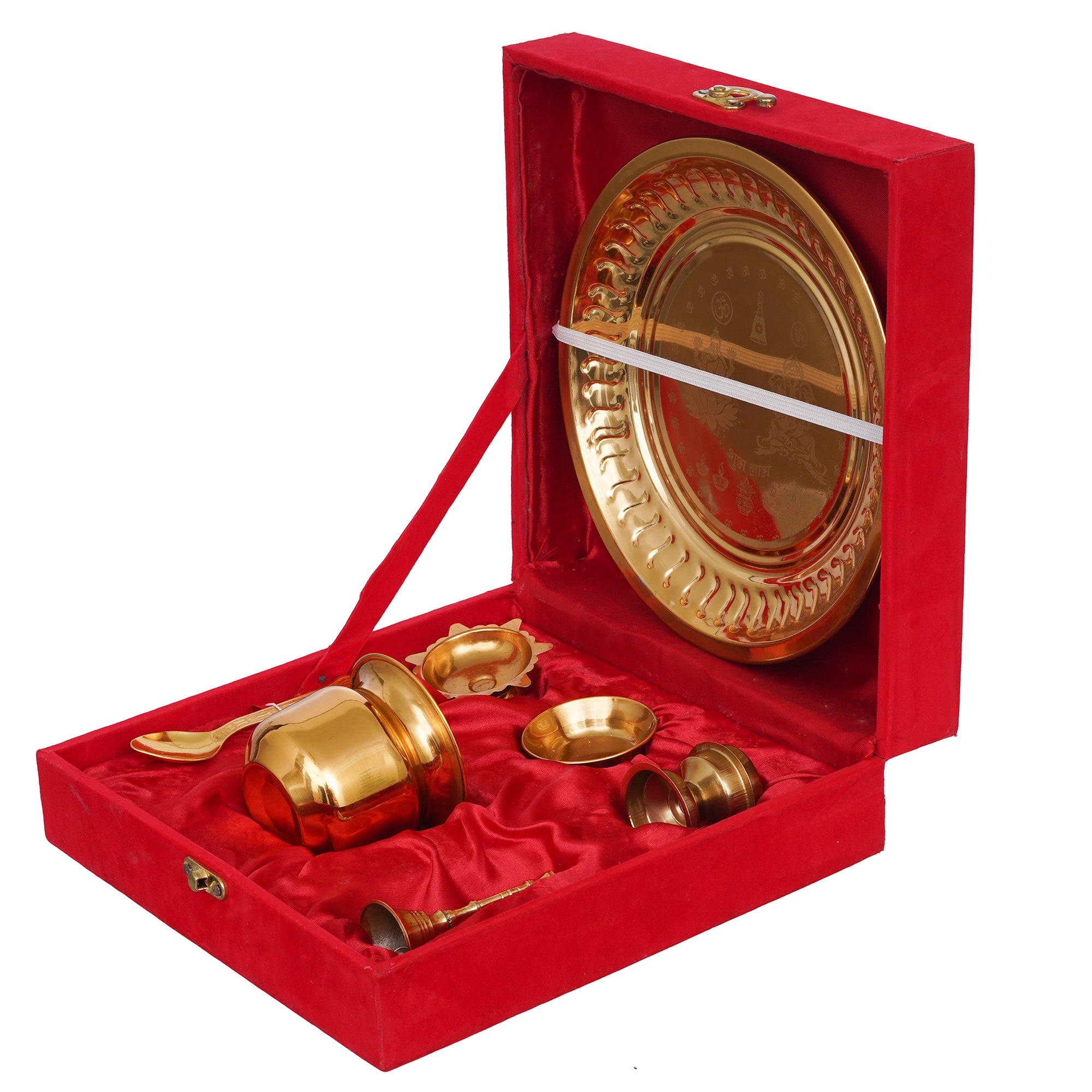 eCraftIndia Golden Metal Handcrafted Lakshmi Ganesha Design Pooja Thali Set with Diya, Ghanti, Kalash, Spoon, Bowl, Agarbatti Stand 6