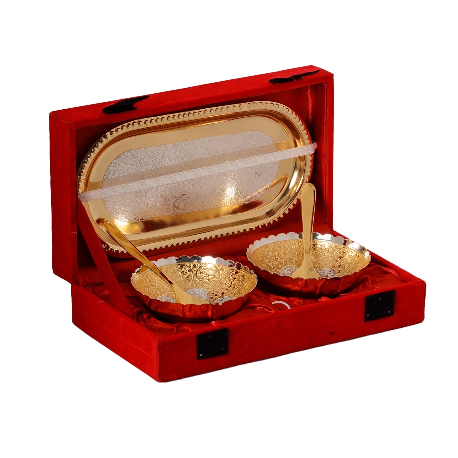 German Silver Multiutility Decorative Platter 2 Golden Bowl Set With Velvet Box 3