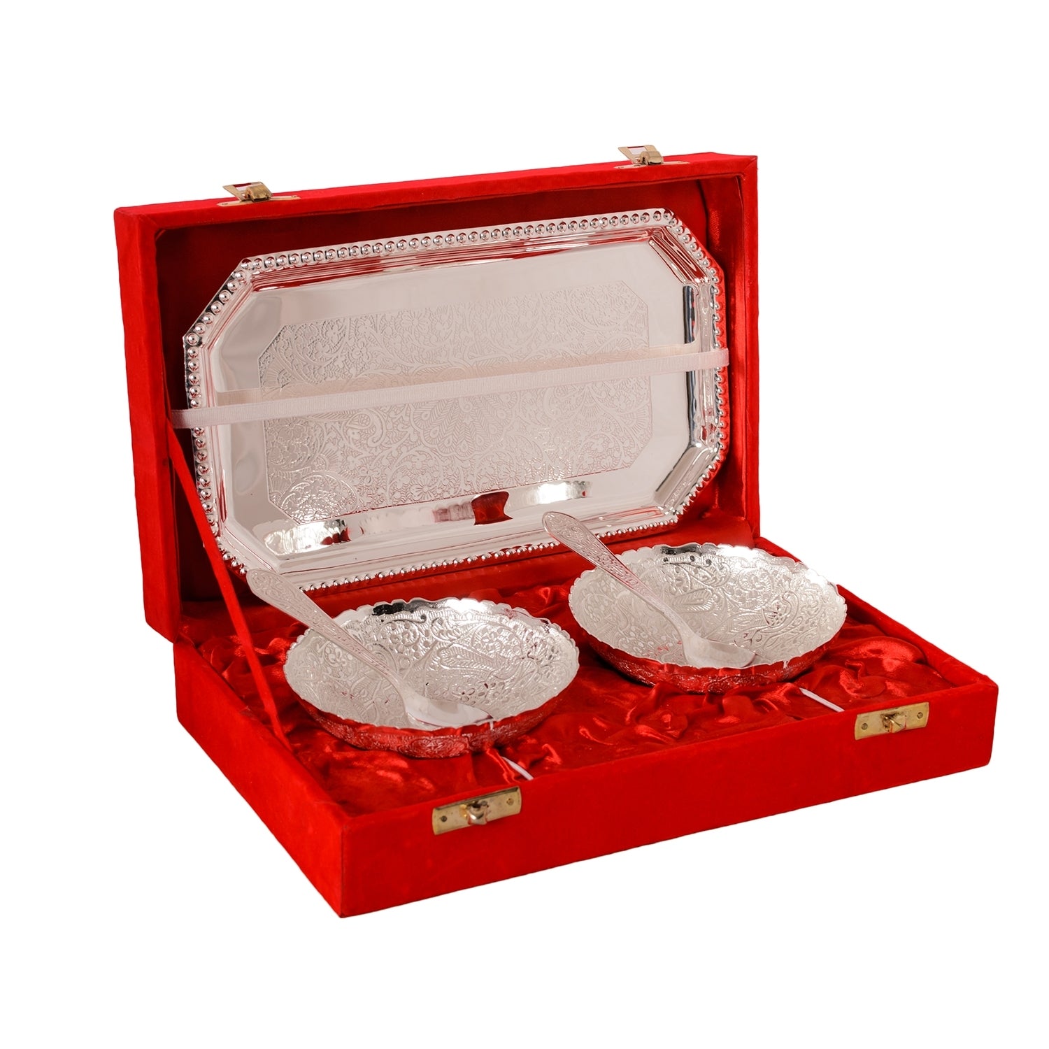 German Silver Multiutility Decorative Platter 2 Silver Bowl Set with Velvet Box 3