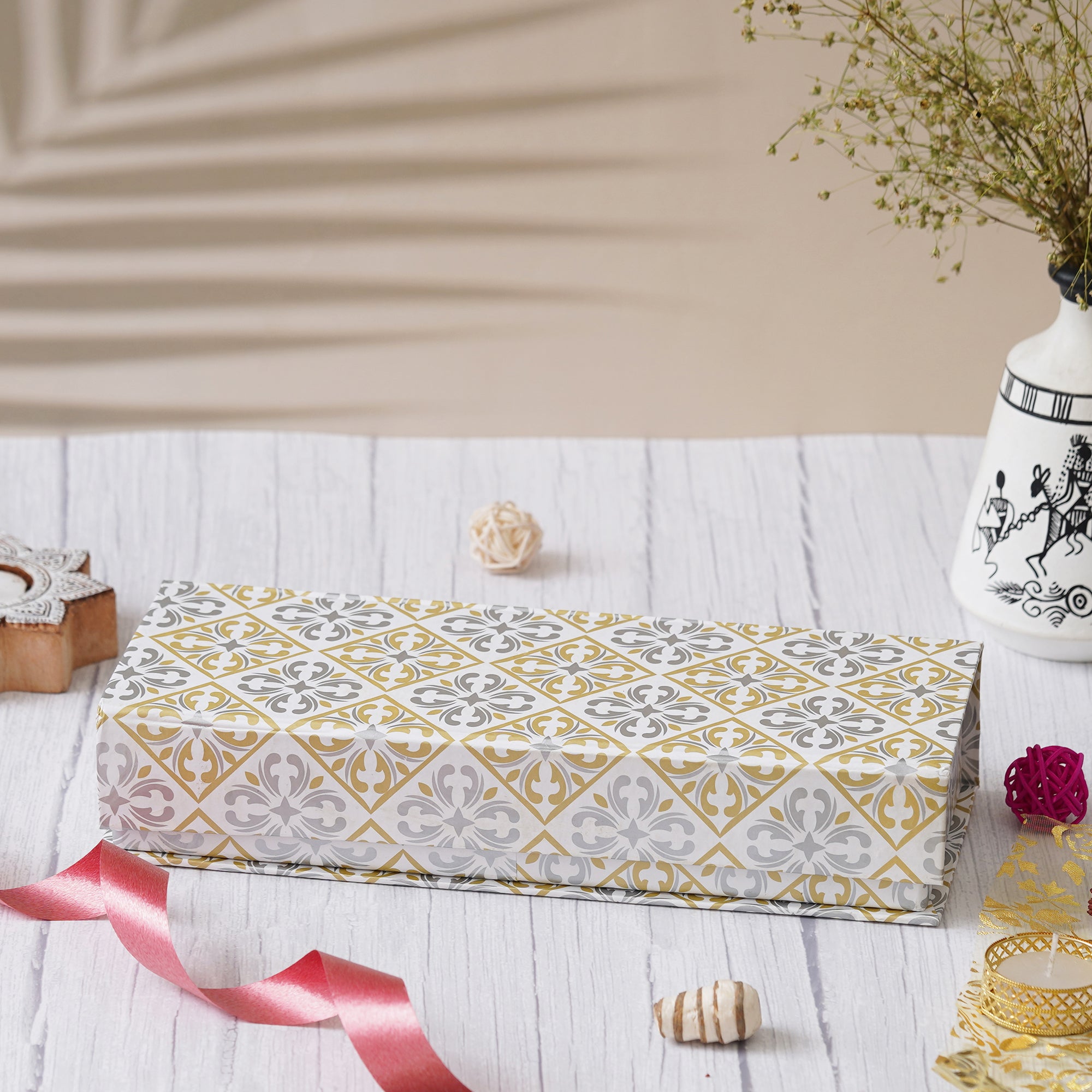 eCraftIndia The Marvellous Gift Box - Polyresin Chaturbhuj Lord Ganesha Idol, 3 Jars of Sugar Coated Saunf, Nazarana Mix, Special Mix Mukhwas (30gms Each), Super Calm Hand Poured Soya Wax Candle 1