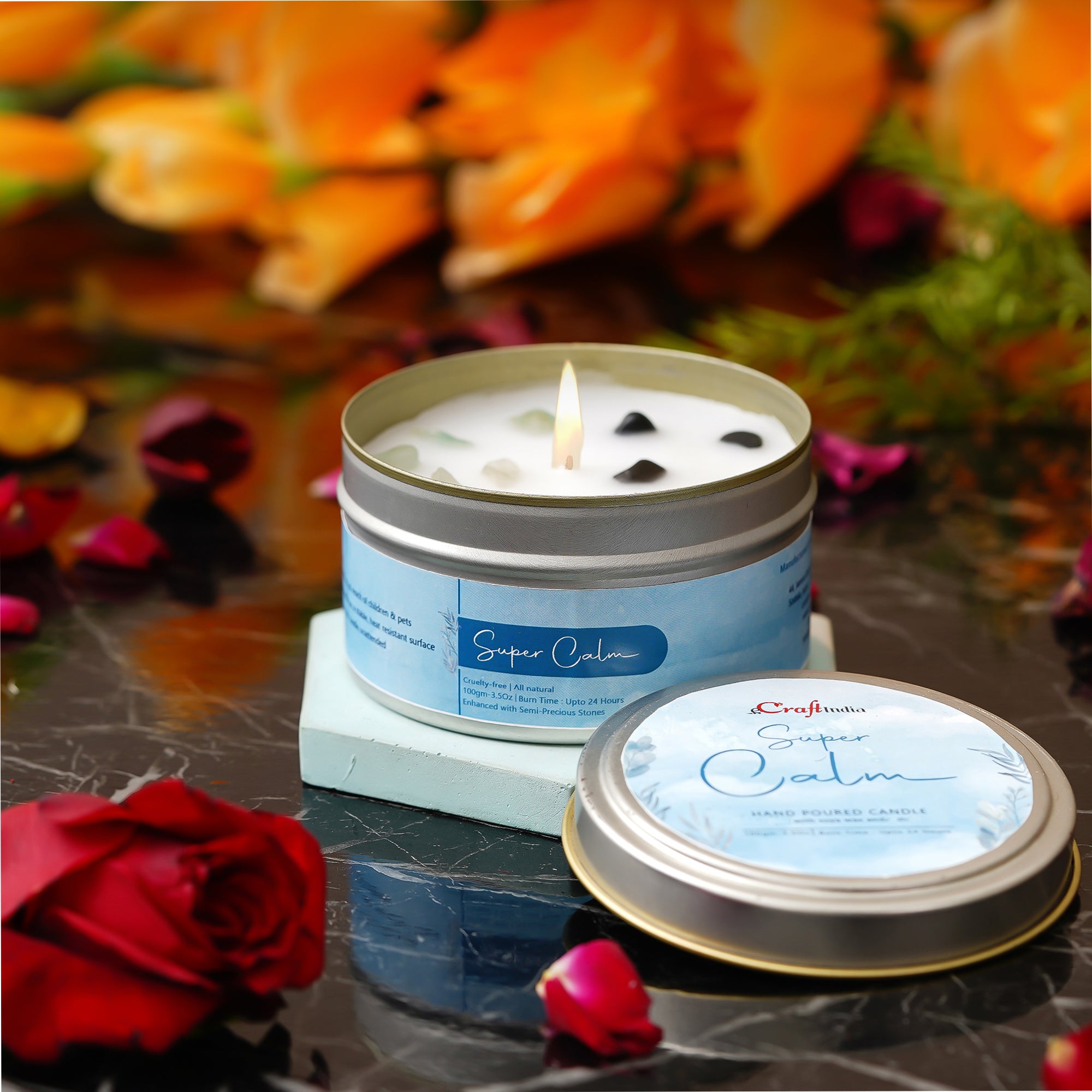 eCraftIndia The Marvellous Gift Box - Polyresin Chaturbhuj Lord Ganesha Idol, 3 Jars of Sugar Coated Saunf, Nazarana Mix, Special Mix Mukhwas (30gms Each), Super Calm Hand Poured Soya Wax Candle 2