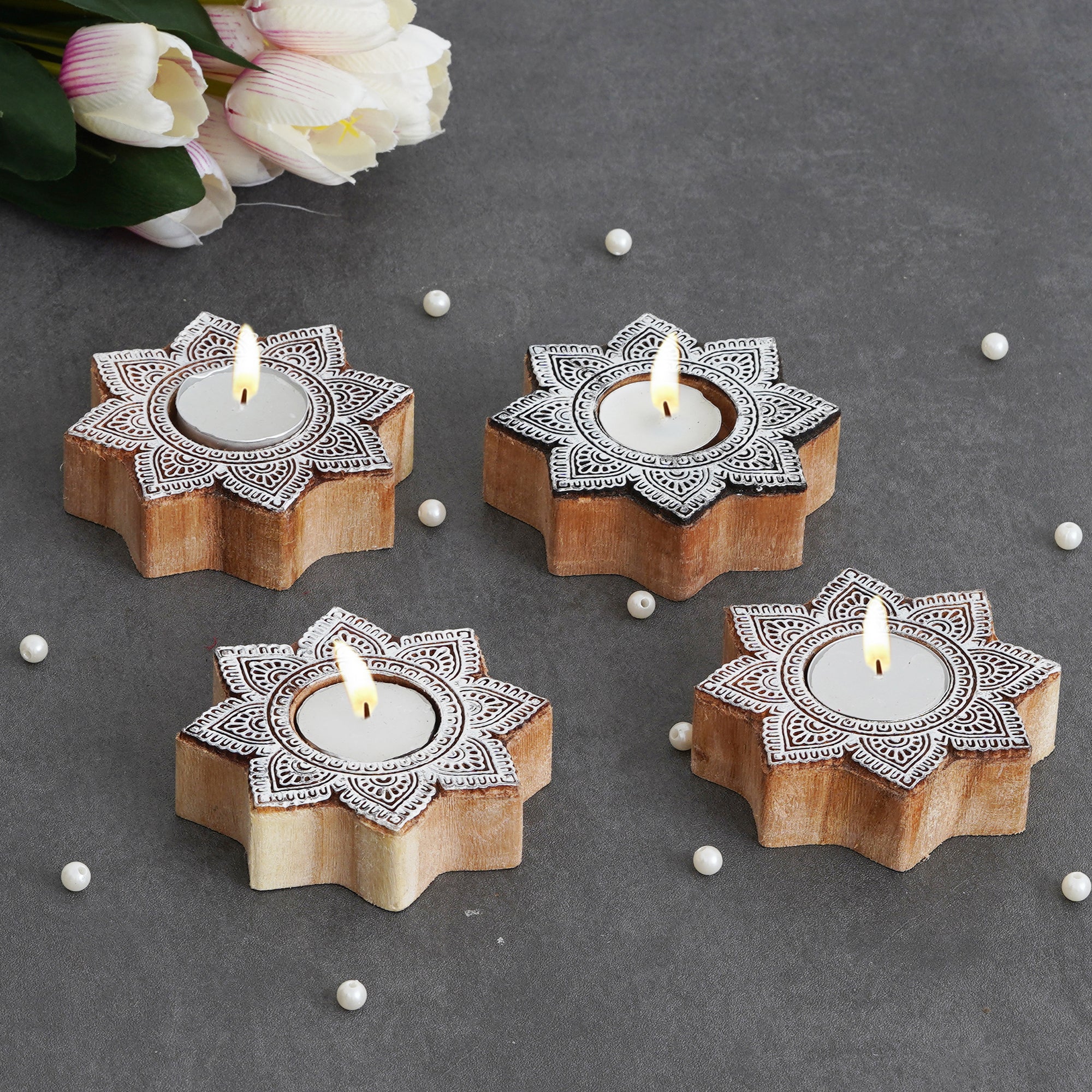 eCraftIndia Bottled & Boxed Hamper - Flower Shape Wooden Tea Light Candle Holder, 2 Jars of Almonds, Cashews Dry Fruits (100gms Each) 3