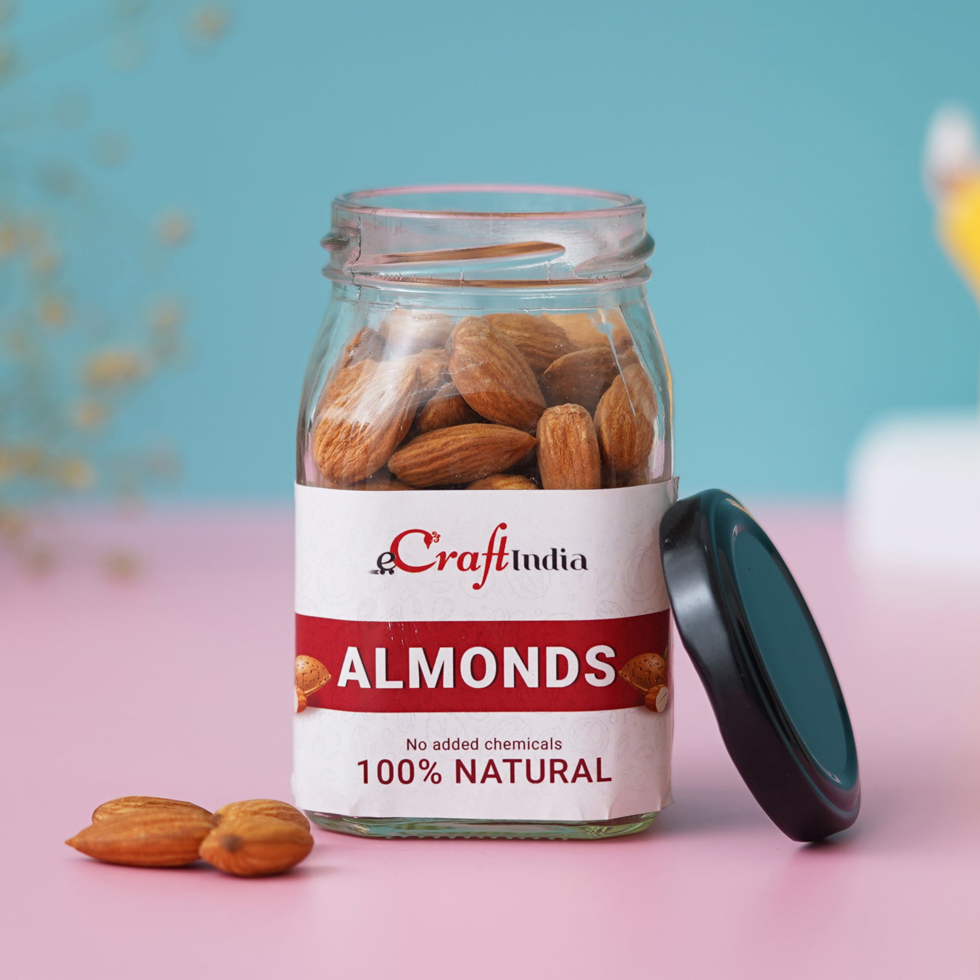 eCraftIndia Bottled & Boxed Hamper - Flower Shape Wooden Tea Light Candle Holder, 2 Jars of Almonds, Cashews Dry Fruits (100gms Each) 4
